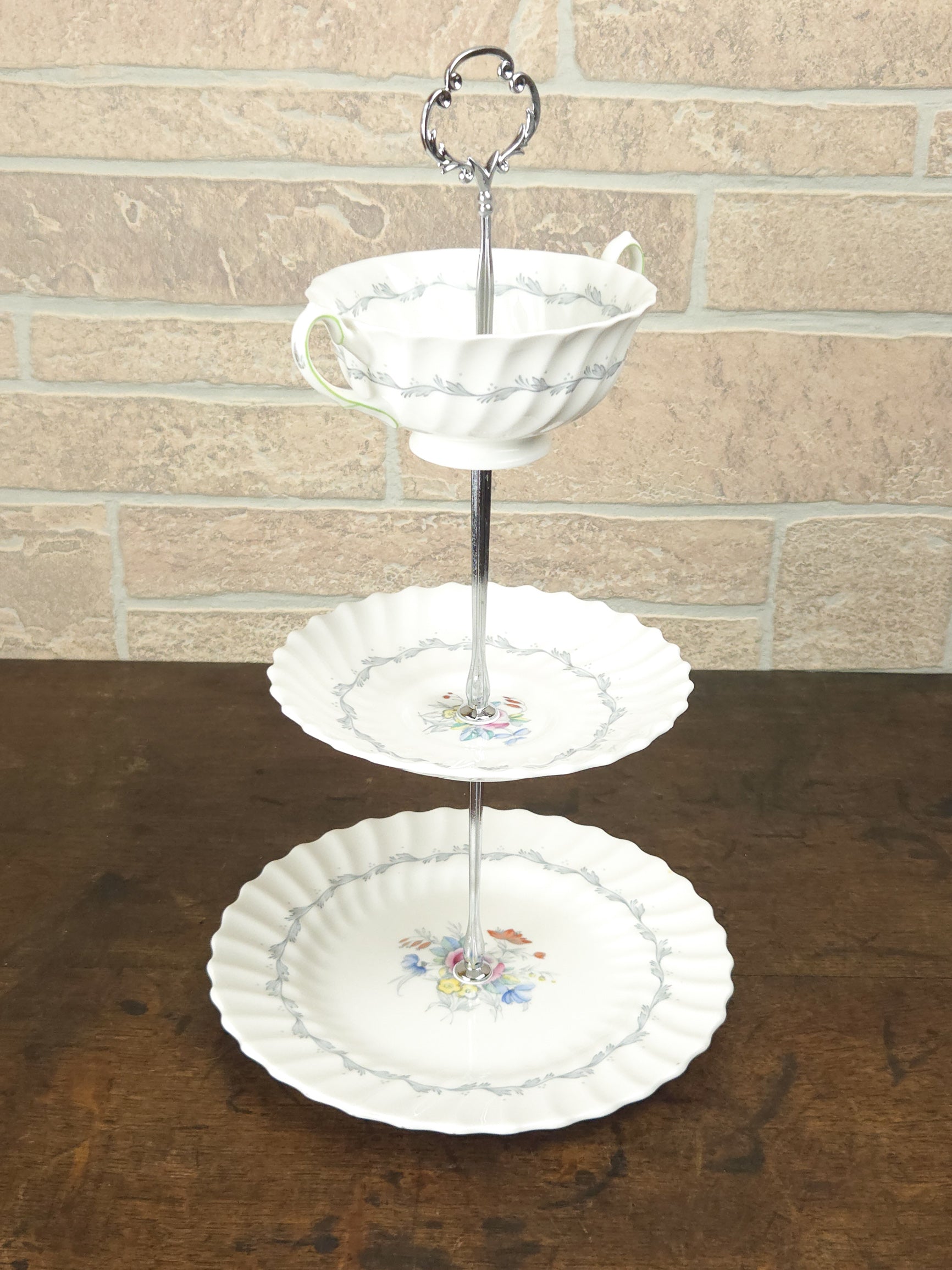 Royal Doulton Chelsea Rose Three-Tier Teacup Cake Stand with Silver Scroll Handle