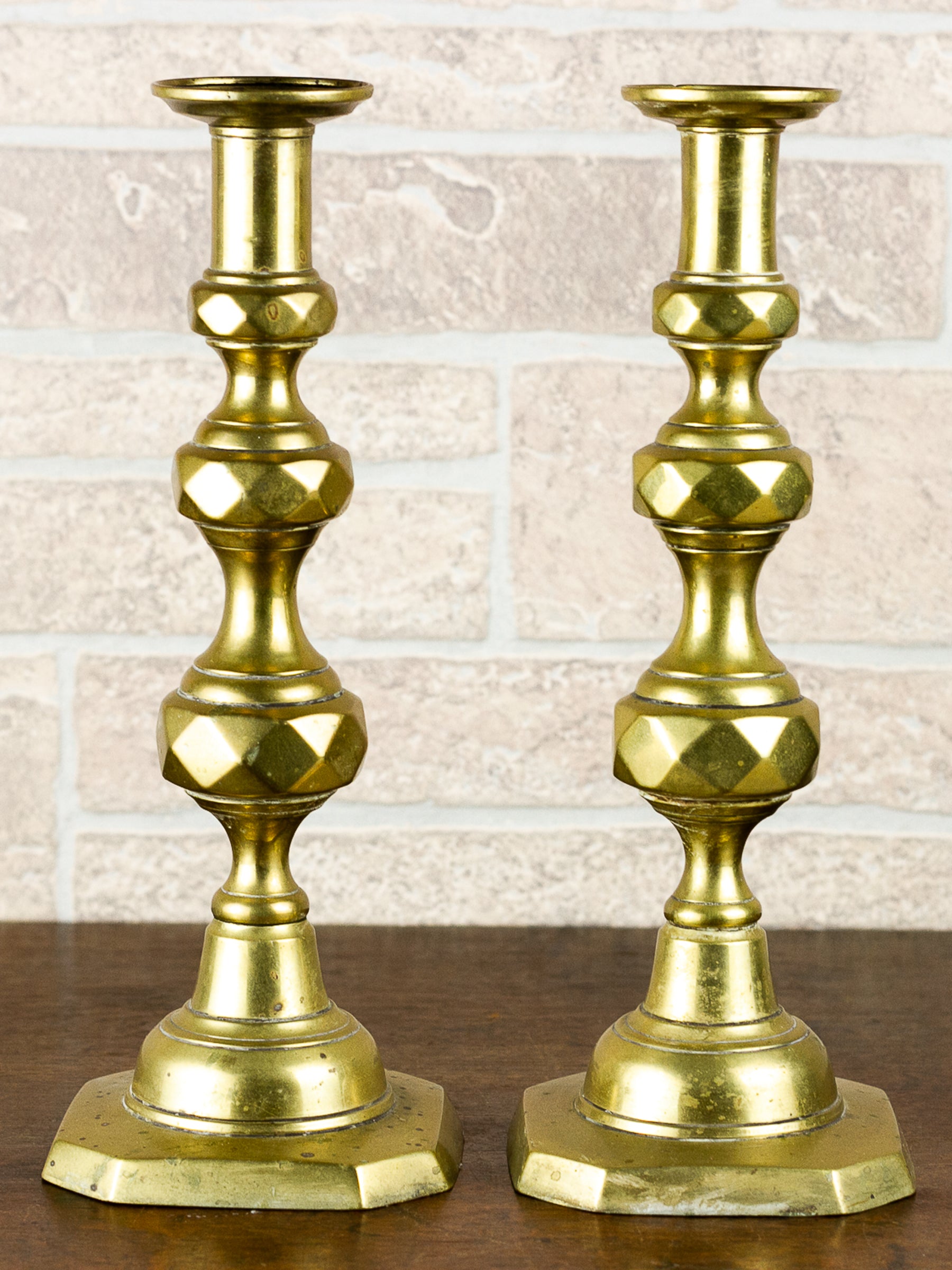 Pair of Antique Georgian English Push-Up Brass Candlesticks