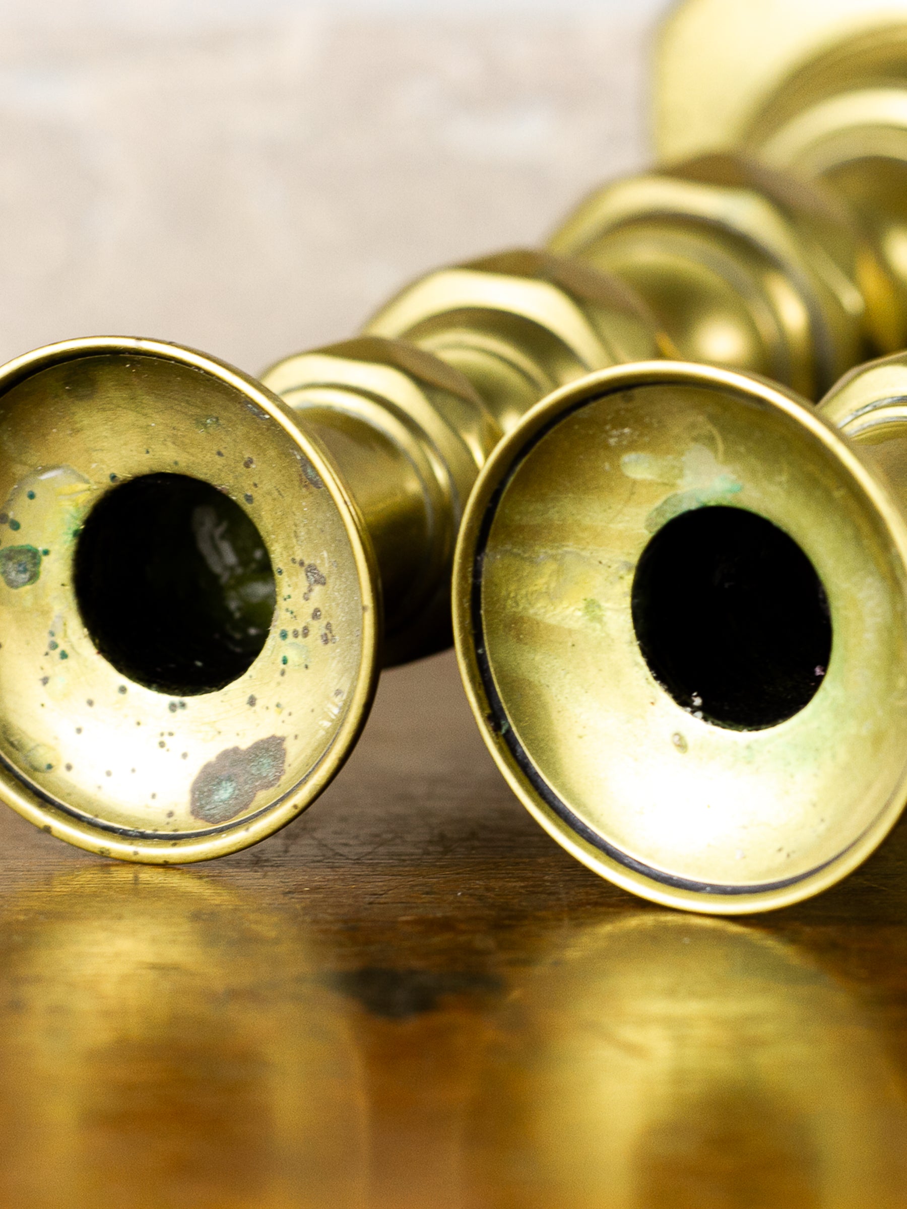 Pair of Antique Georgian English Push-Up Brass Candlesticks