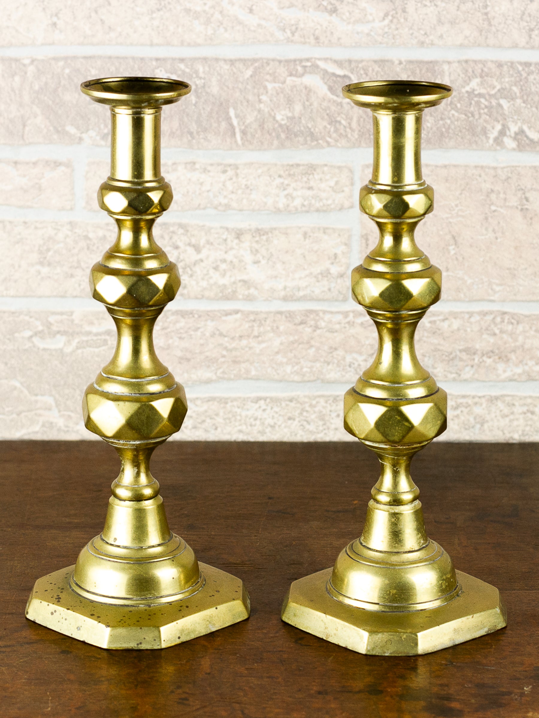 Pair of Antique Georgian English Push-Up Brass Candlesticks