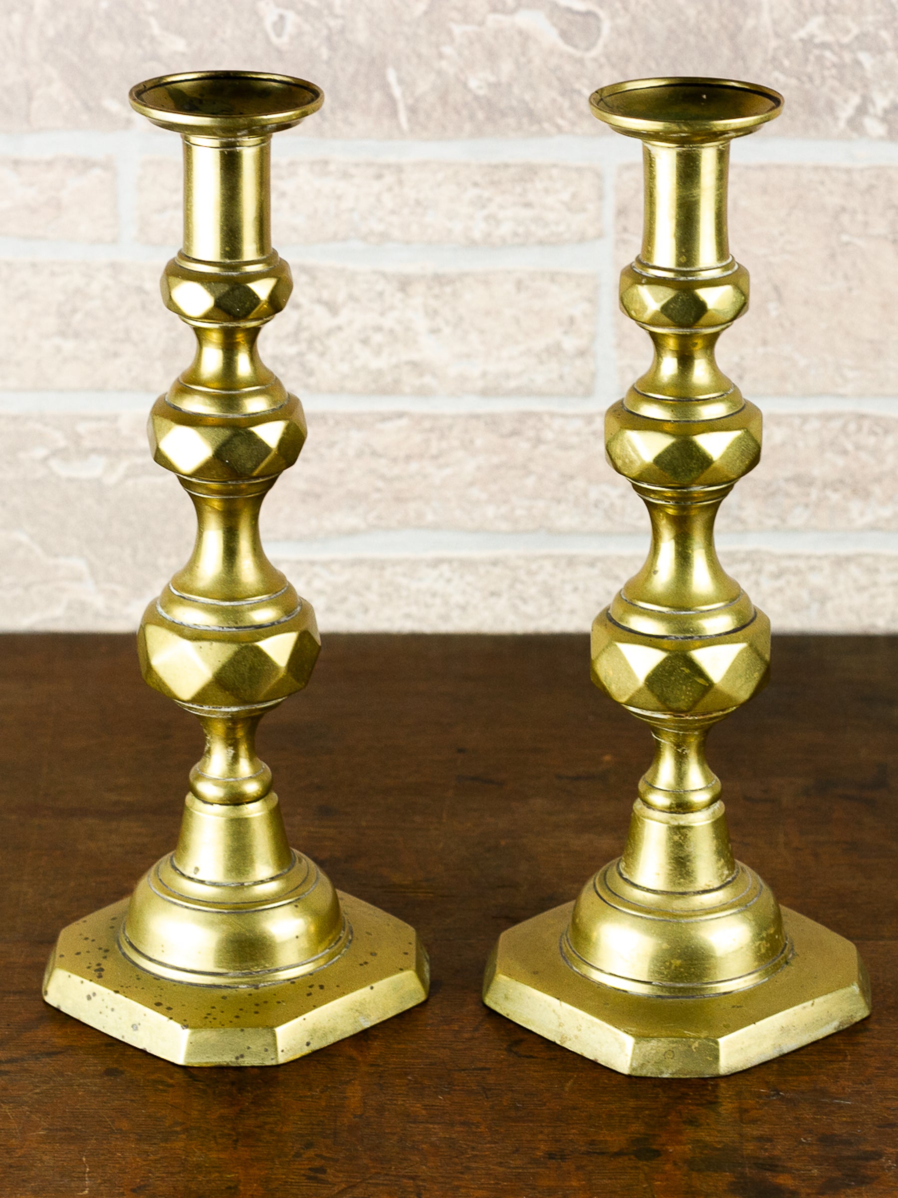 Pair of Antique Georgian English Push-Up Brass Candlesticks