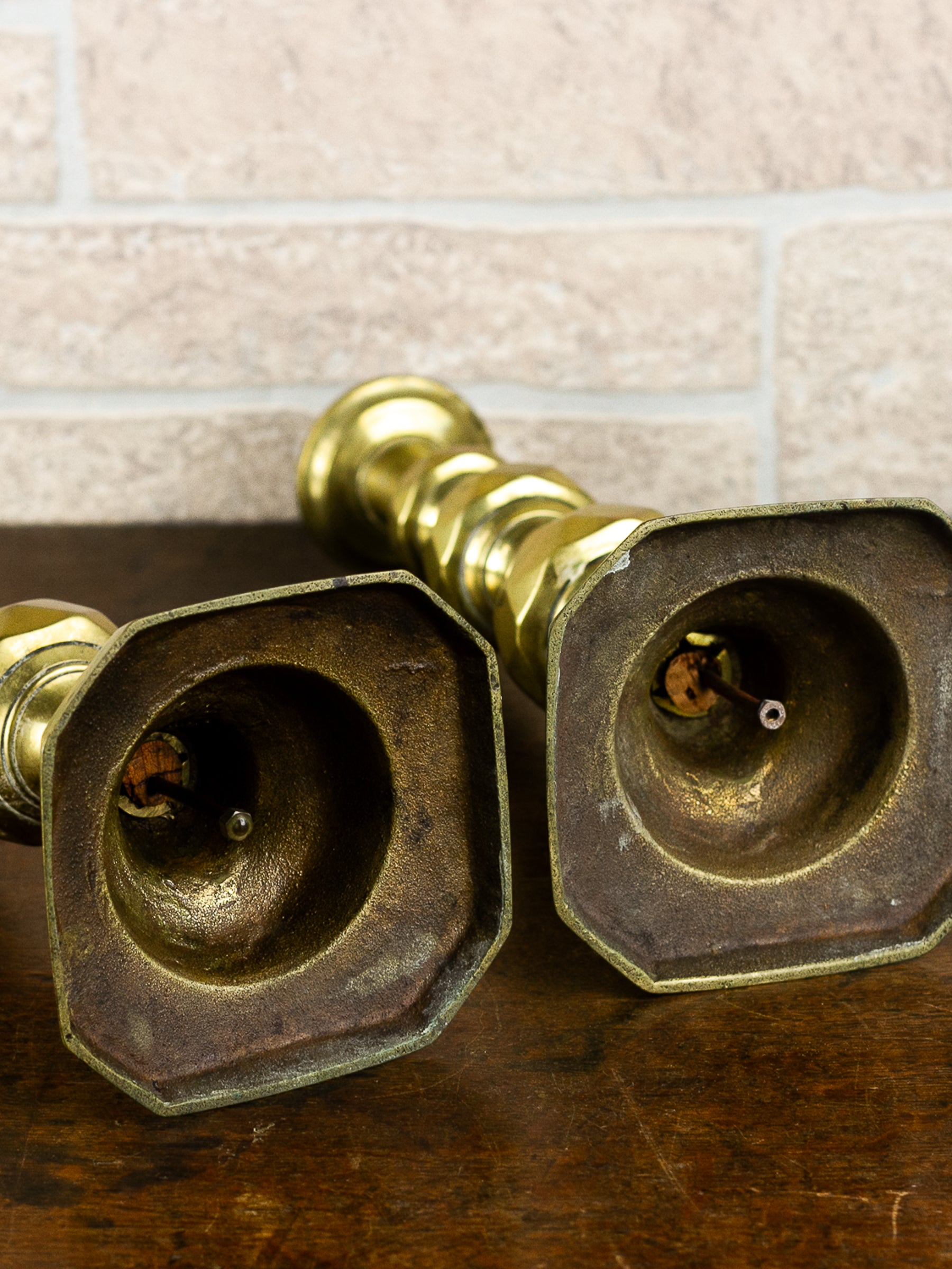 Pair of Antique Georgian English Push-Up Brass Candlesticks