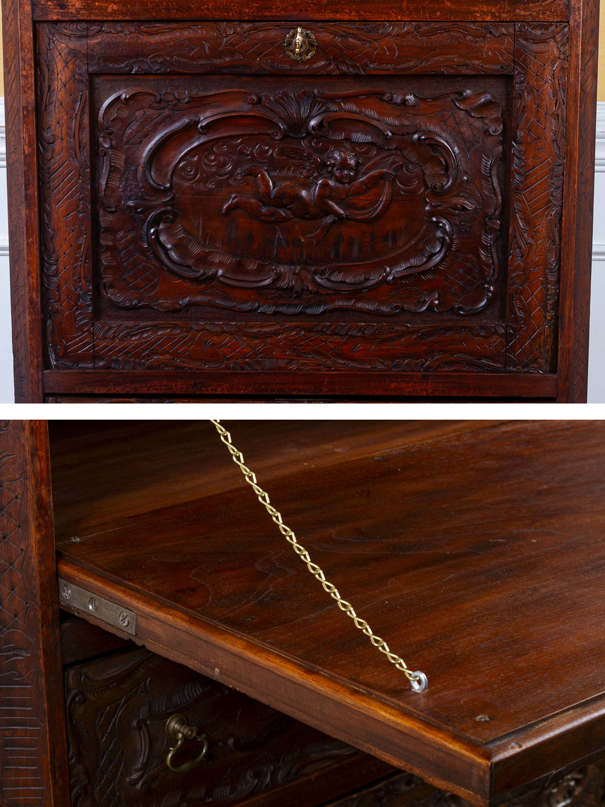 19th Century French Rococo Carved Walnut Secretary Chest with Cherub