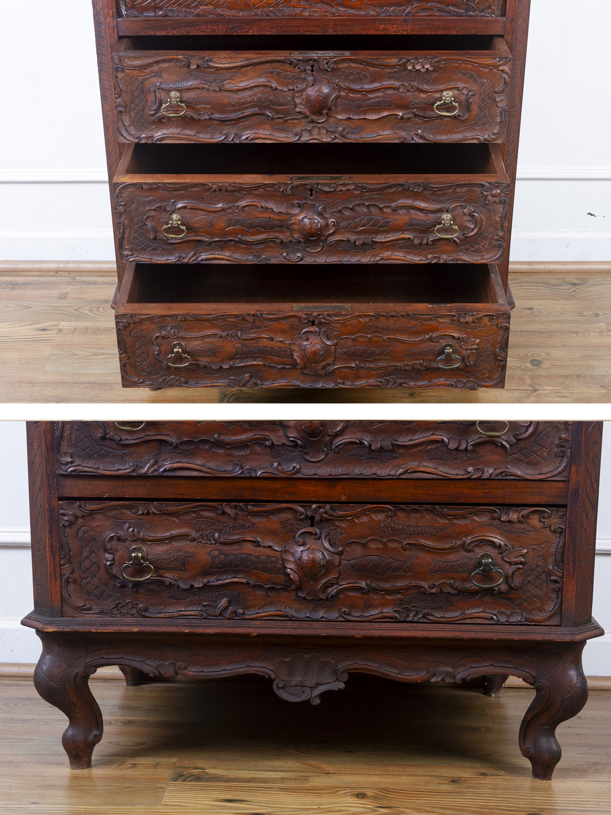 19th Century French Rococo Carved Walnut Secretary Chest with Cherub