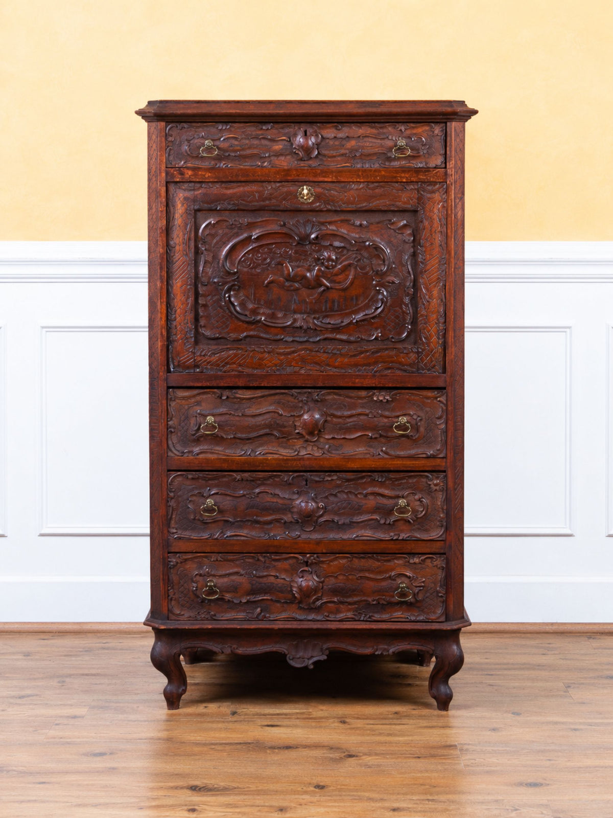19th Century French Rococo Carved Walnut Secretary Chest with Cherub