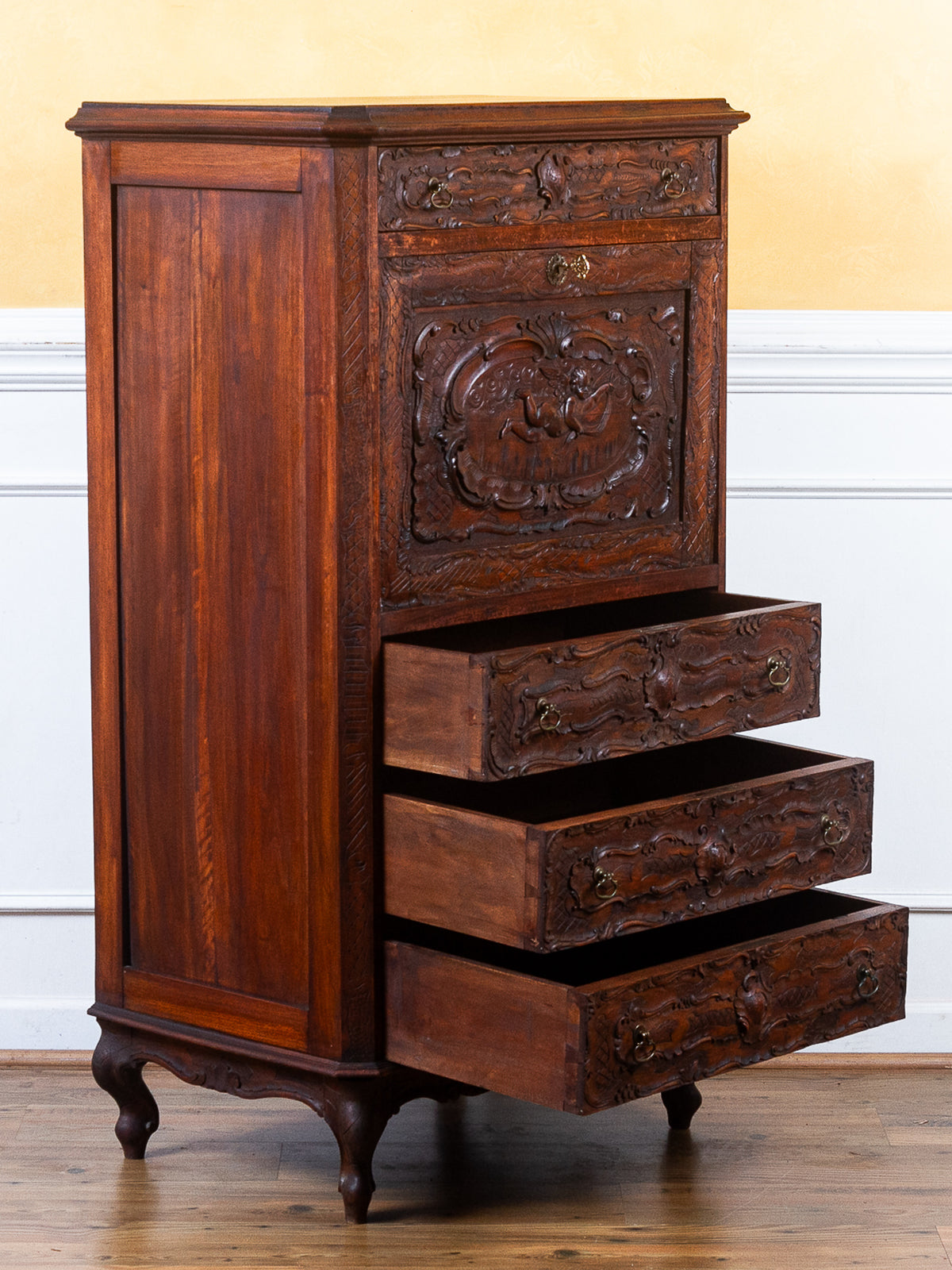 19th Century French Rococo Carved Walnut Secretary Chest with Cherub