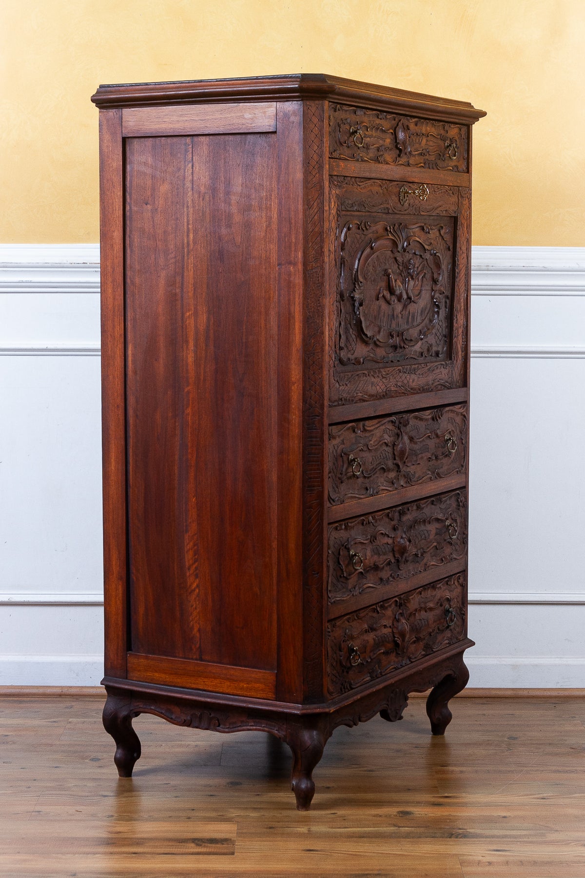 19th Century French Rococo Carved Walnut Secretary Chest with Cherub