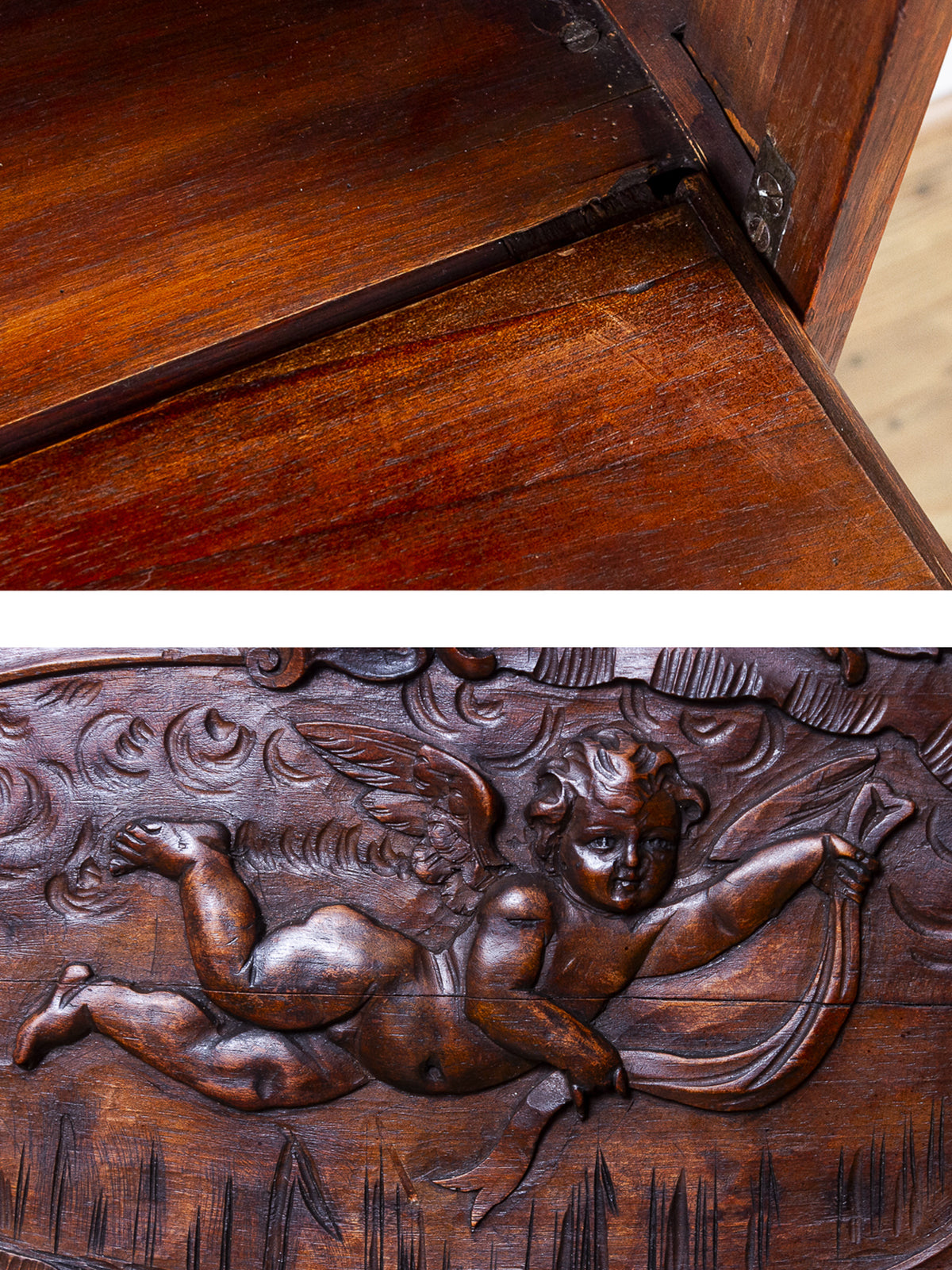 19th Century French Rococo Carved Walnut Secretary Chest with Cherub