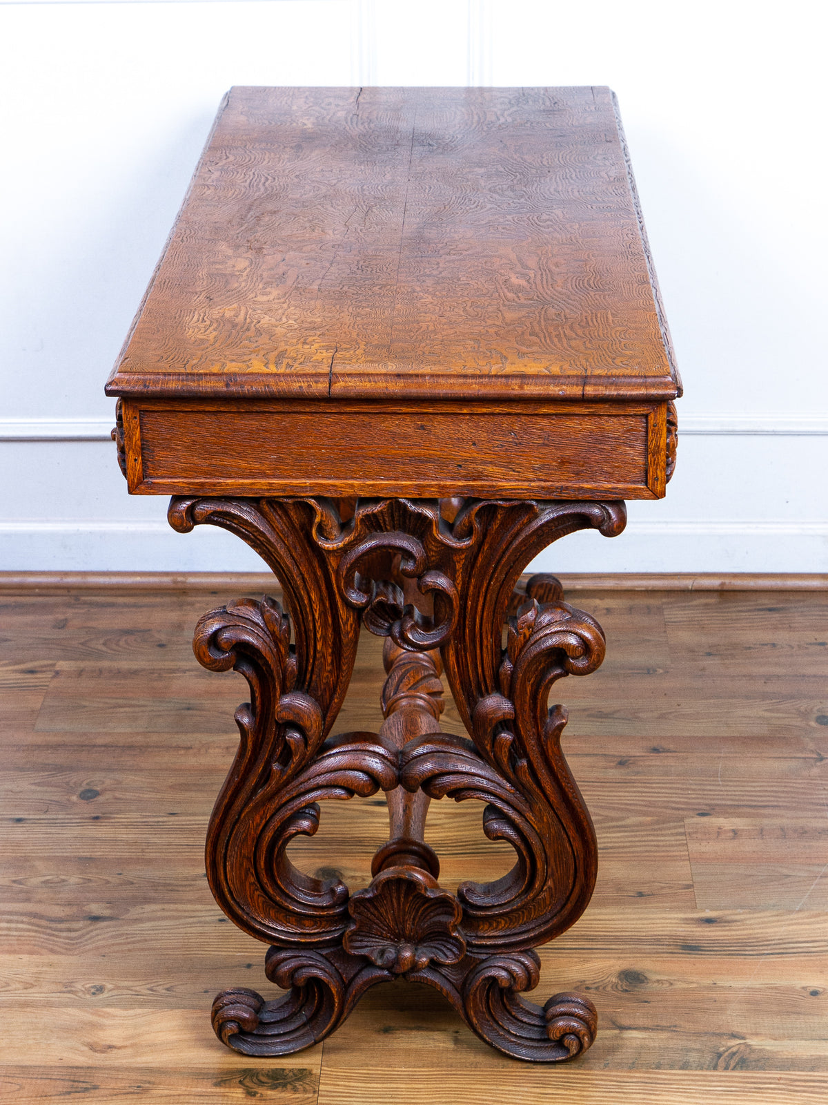 Carved Oak Console Table with Curly Heart Pine Top