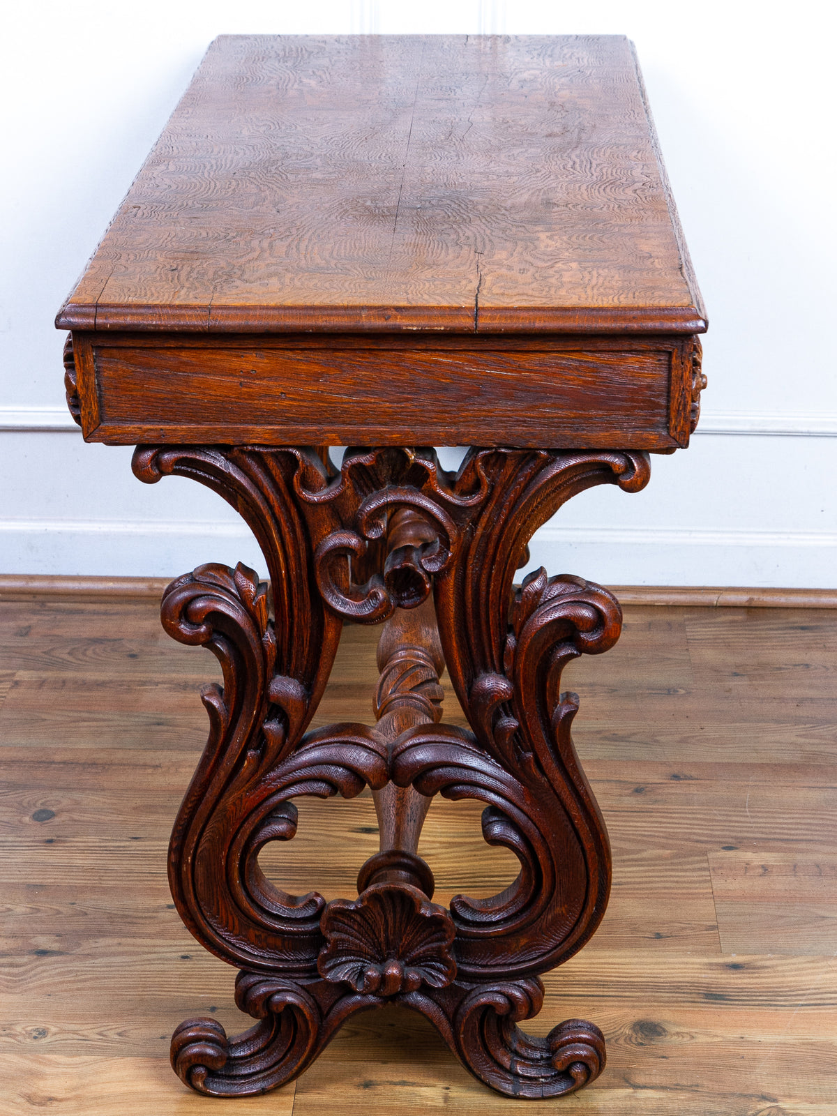 Carved Oak Console Table with Curly Heart Pine Top