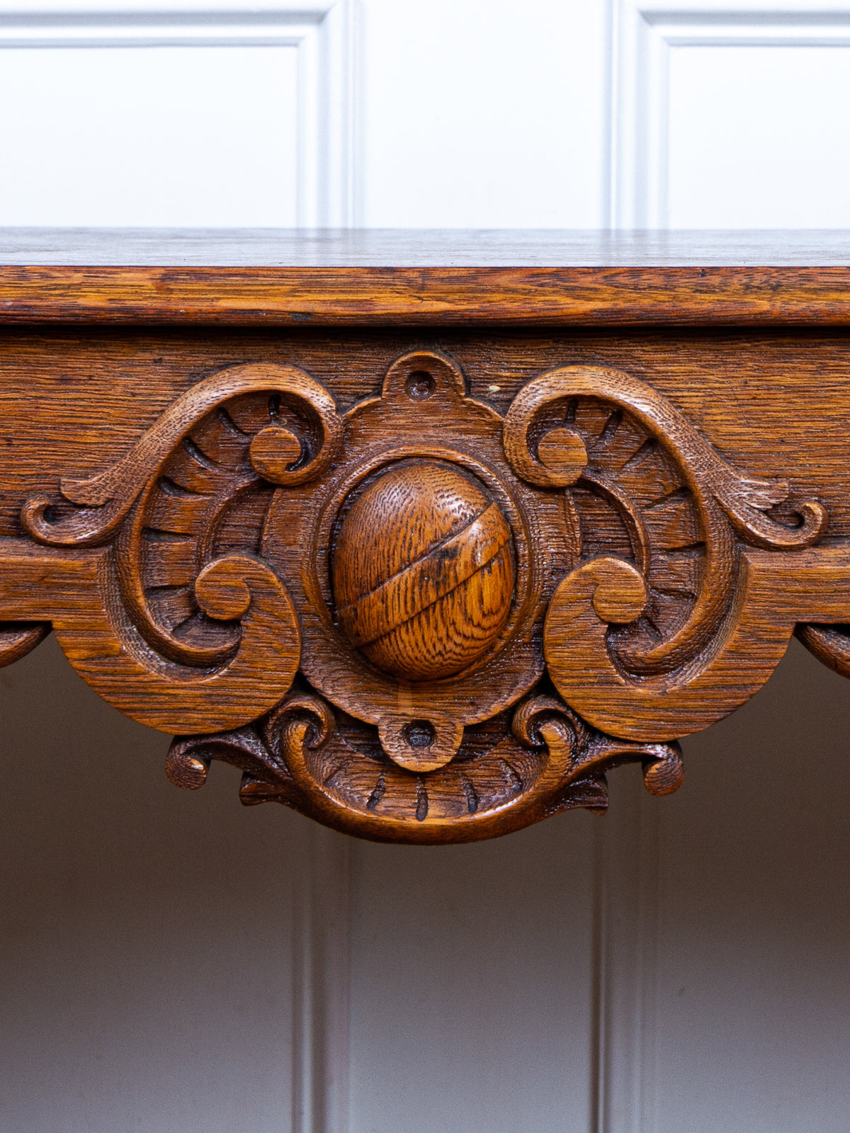 Carved Oak Console Table with Curly Heart Pine Top