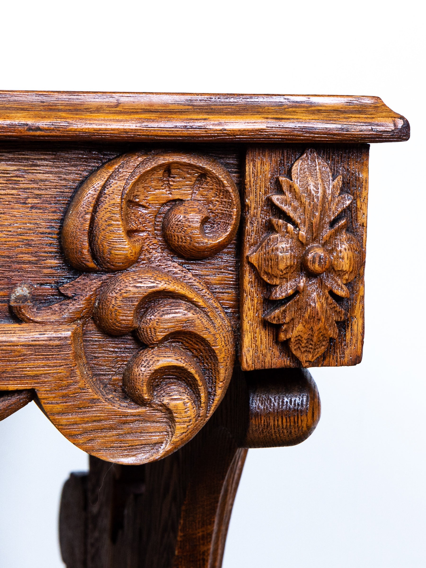 Carved Oak Console Table with Curly Heart Pine Top