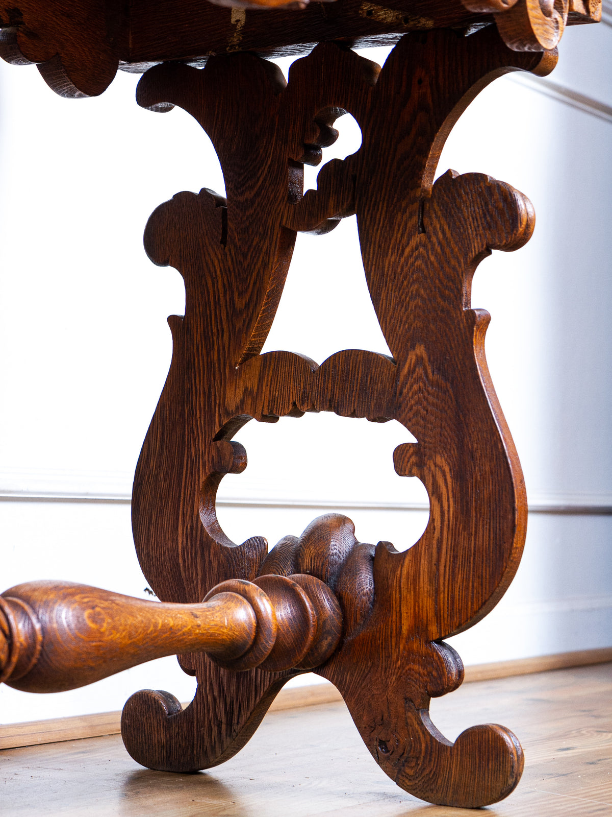 Carved Oak Console Table with Curly Heart Pine Top