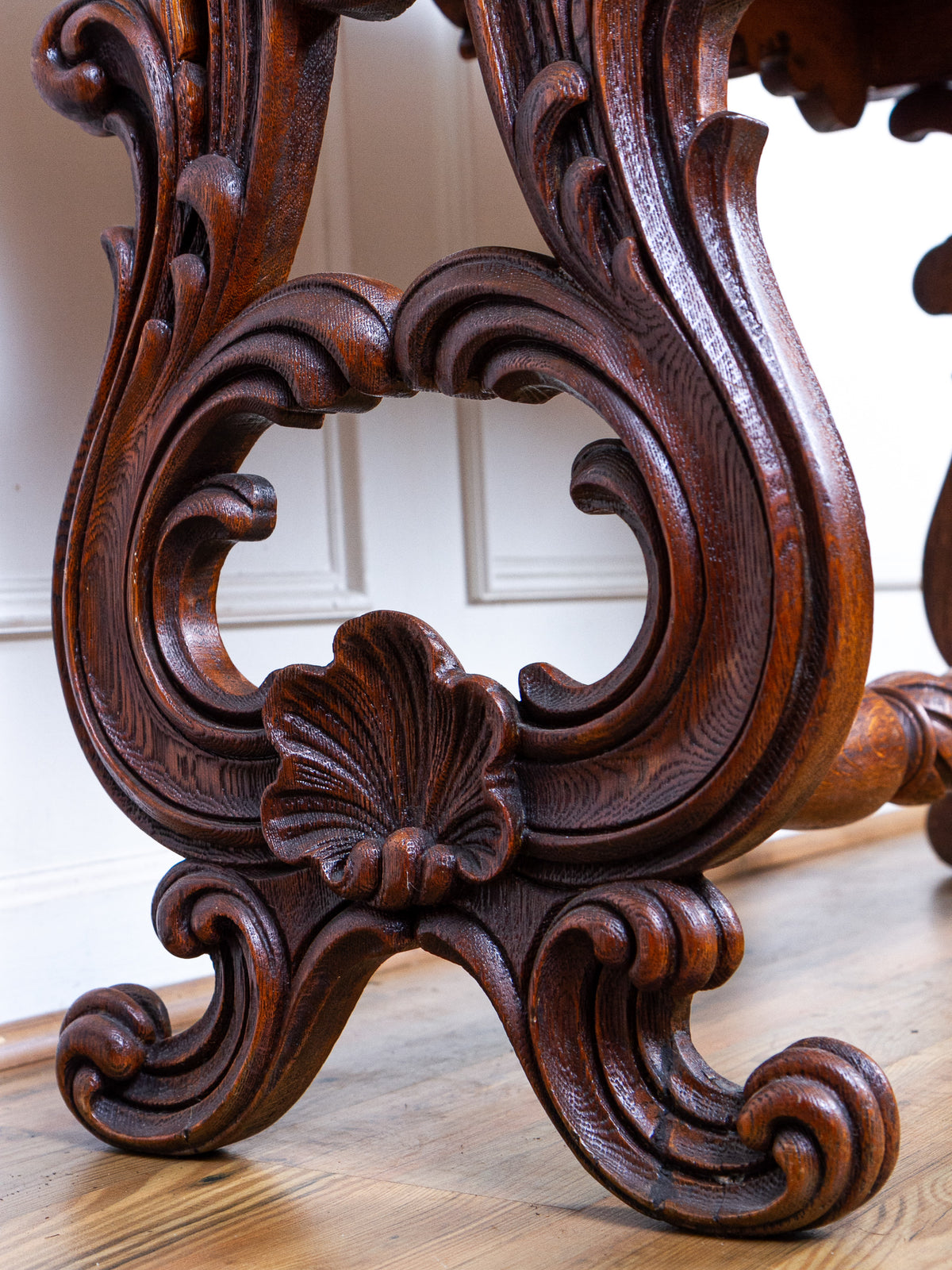 Carved Oak Console Table with Curly Heart Pine Top