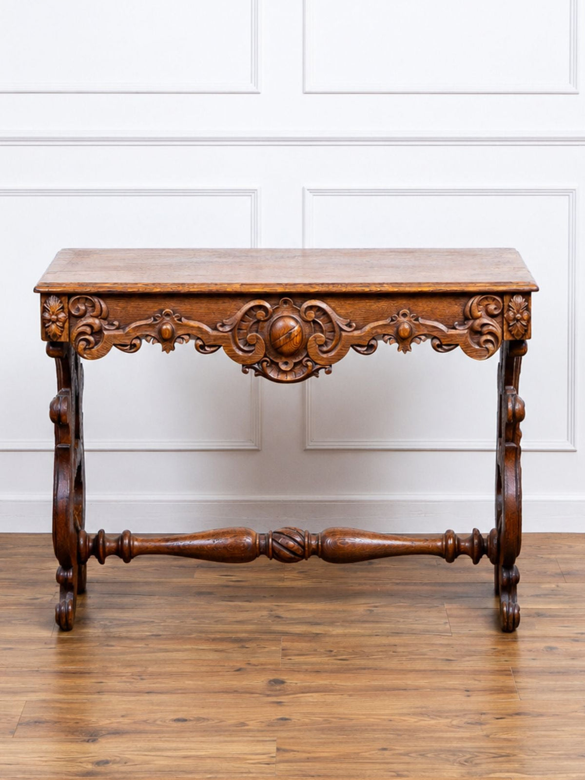 Carved Oak Console Table with Curly Heart Pine Top