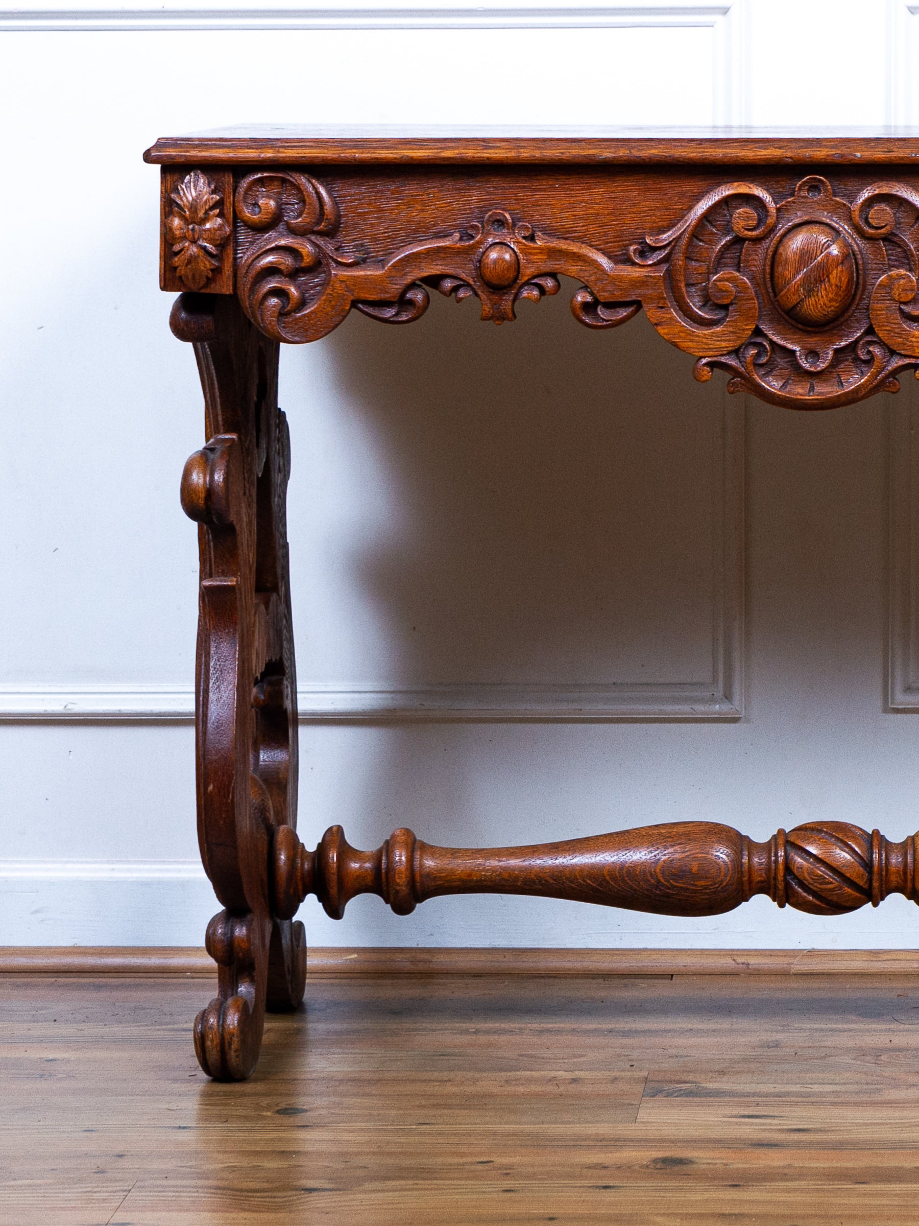Carved Oak Console Table with Curly Heart Pine Top