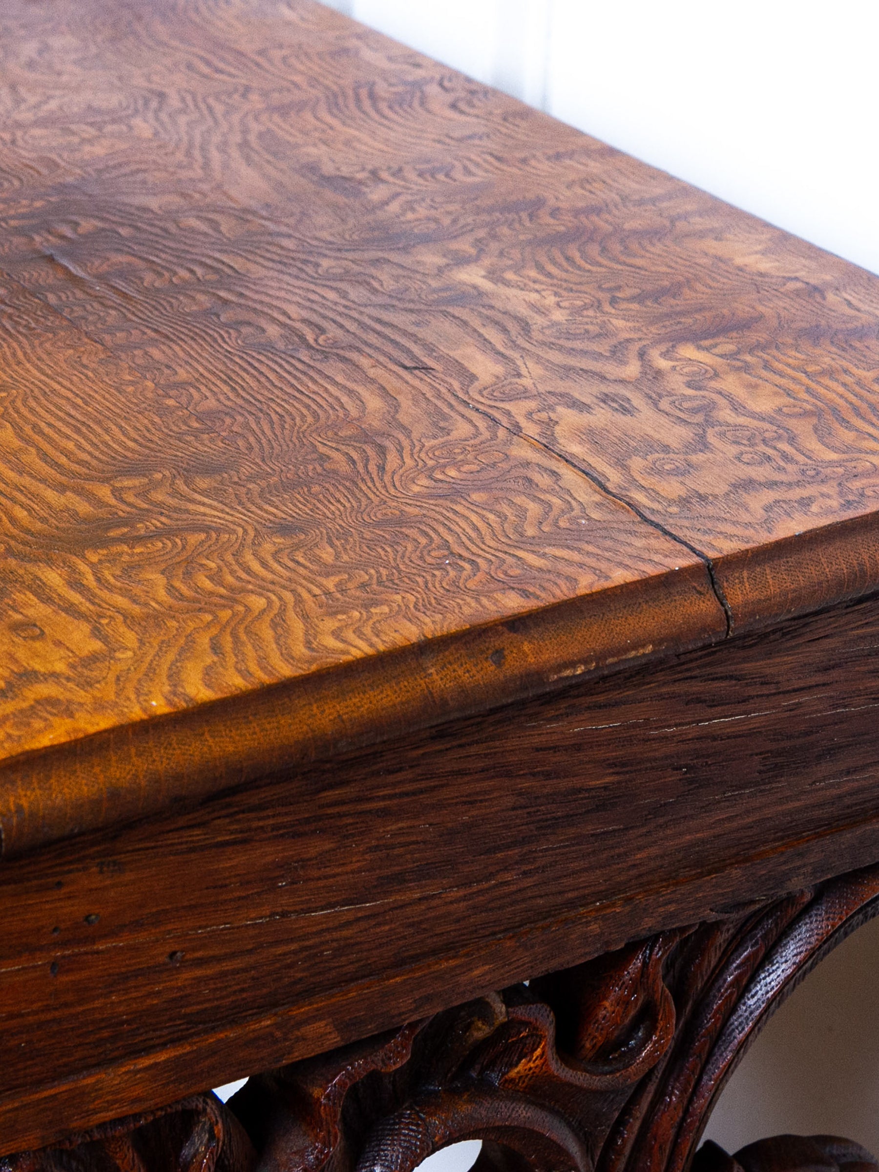 Carved Oak Console Table with Curly Heart Pine Top
