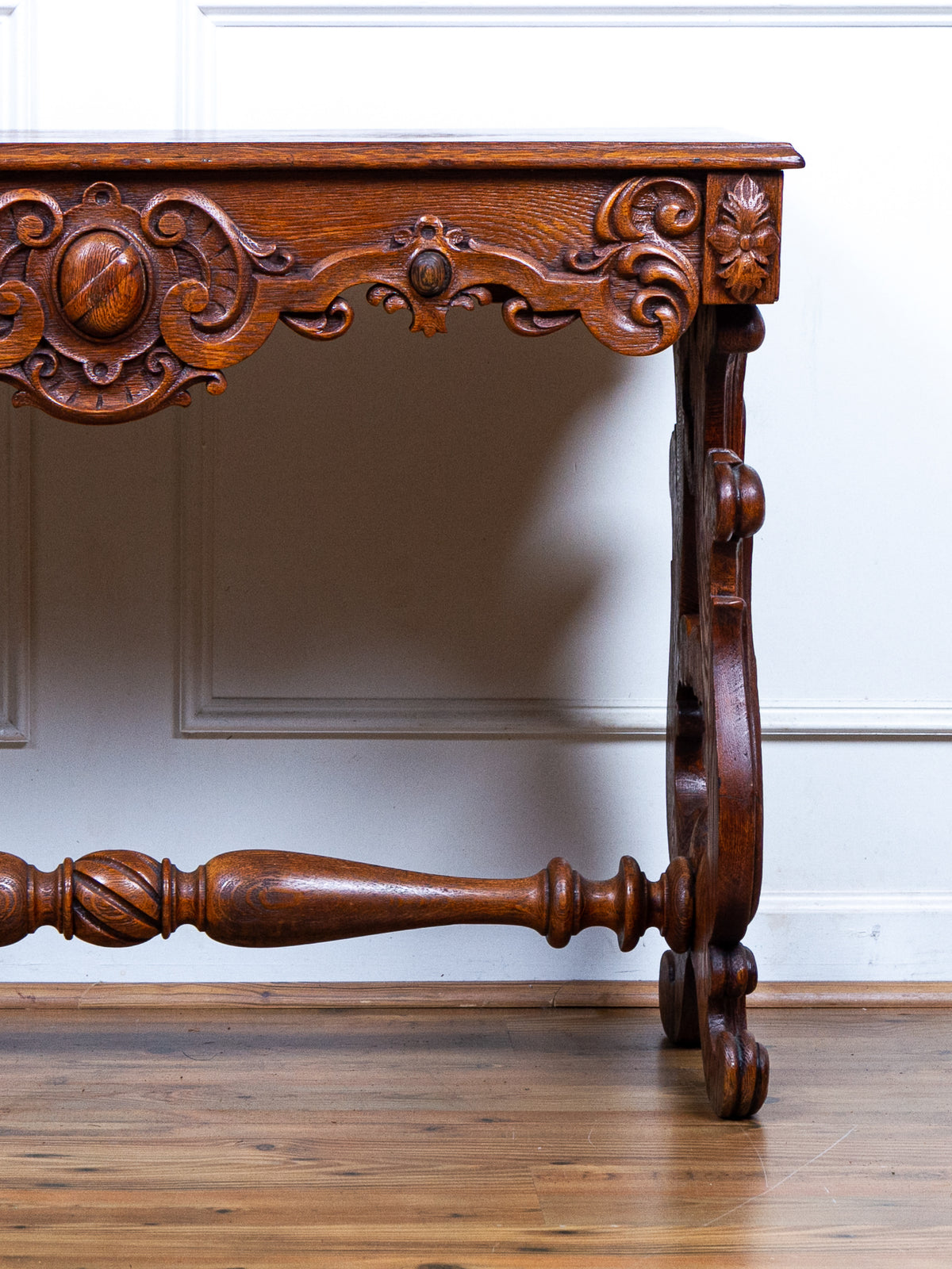 Carved Oak Console Table with Curly Heart Pine Top