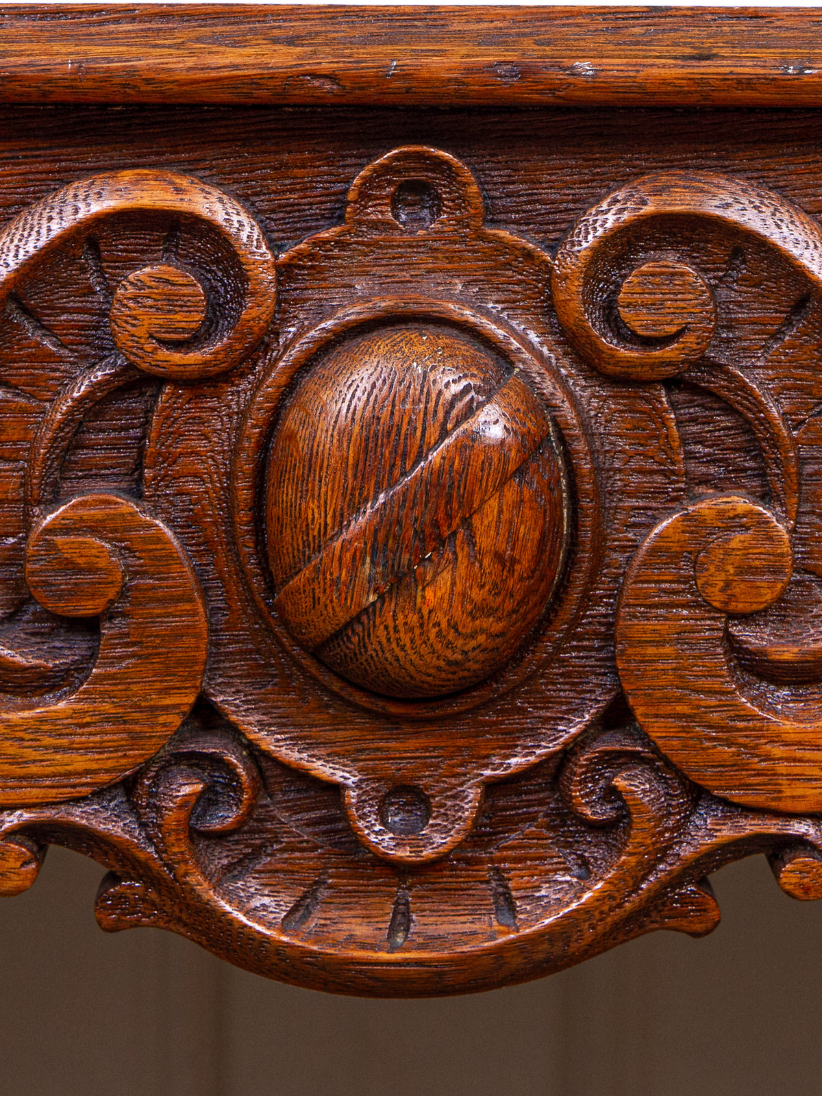 Carved Oak Console Table with Curly Heart Pine Top