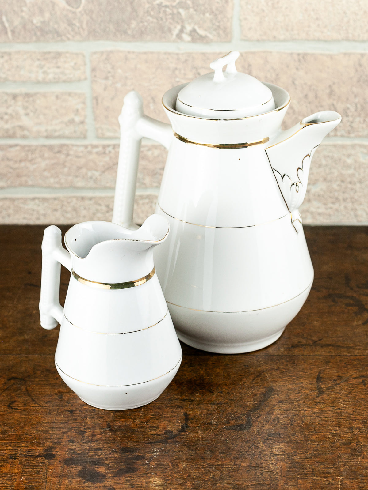 Victorian White Ironstone Coffee Pot & Creamer with Gold Trim, circa 1900