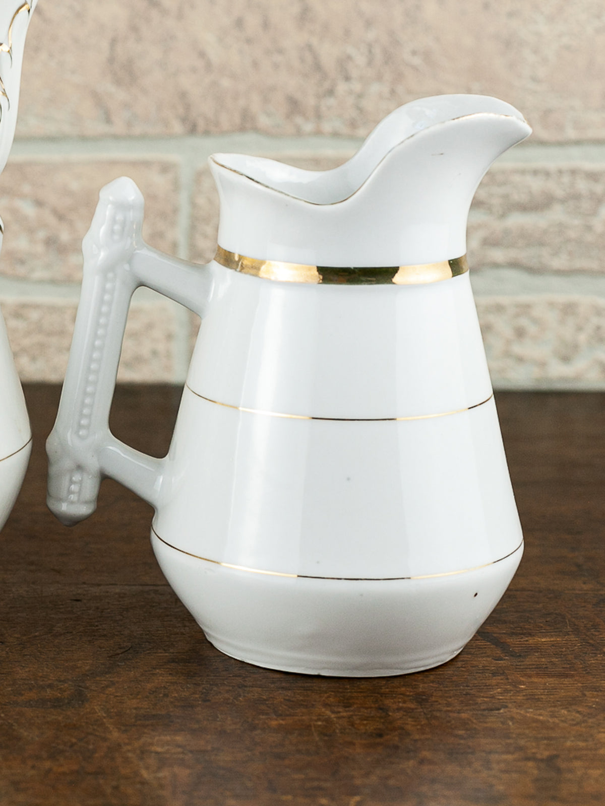 Victorian White Ironstone Coffee Pot & Creamer with Gold Trim, circa 1900