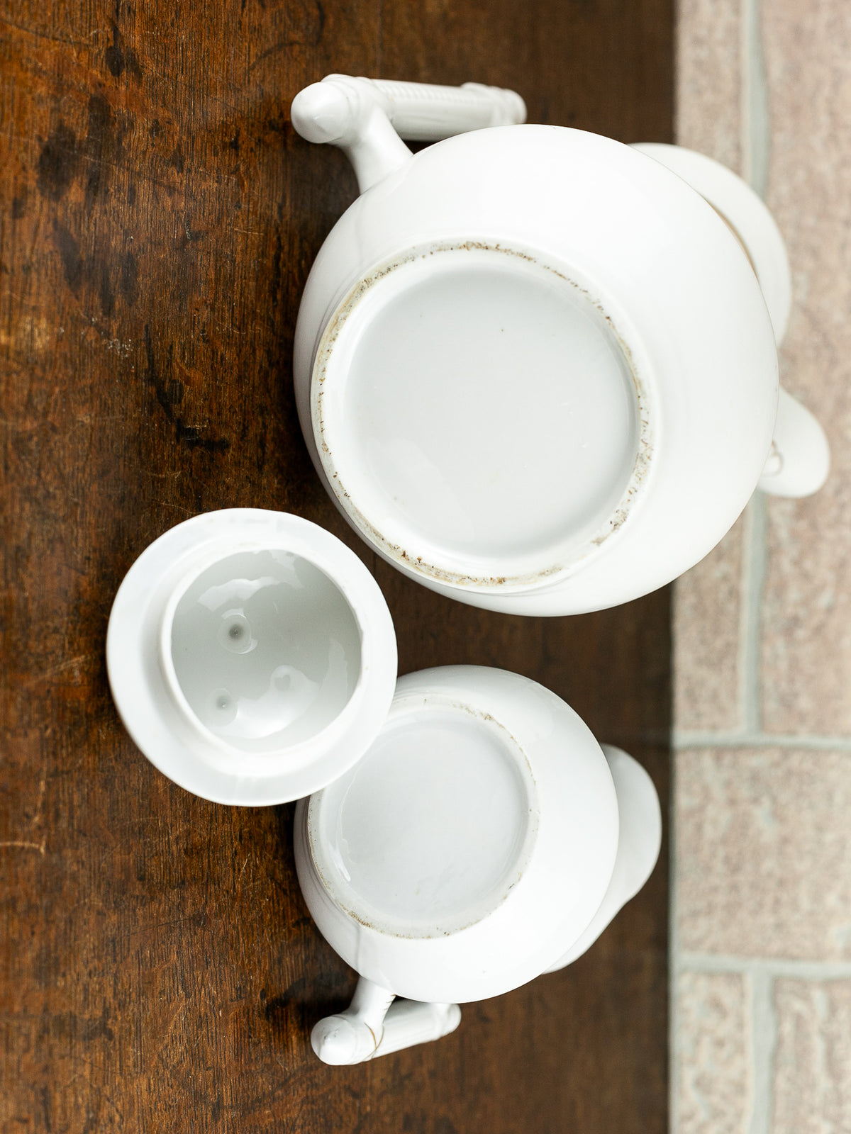 Victorian White Ironstone Coffee Pot & Creamer with Gold Trim, circa 1900