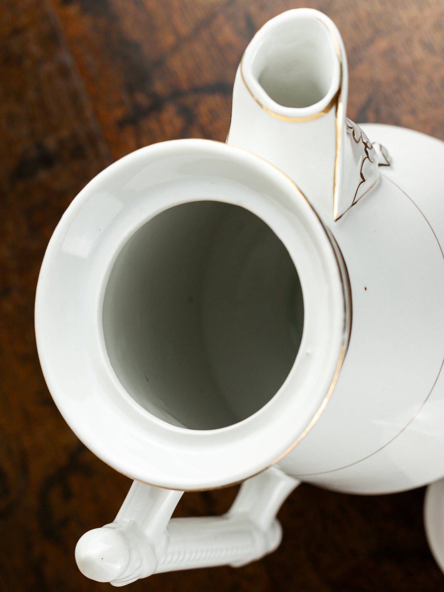 Victorian White Ironstone Coffee Pot & Creamer with Gold Trim, circa 1900