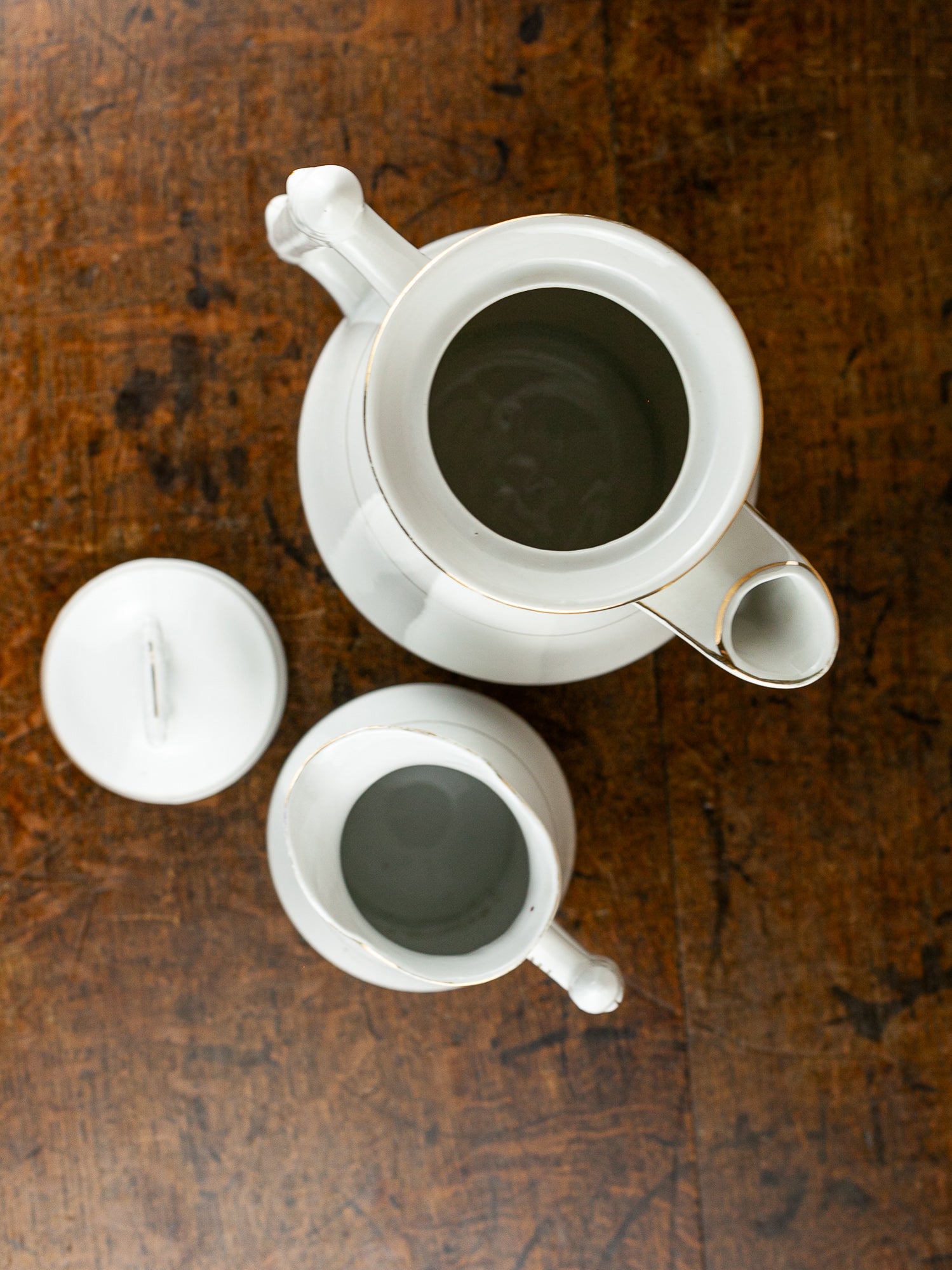 Victorian White Ironstone Coffee Pot & Creamer with Gold Trim, circa 1900