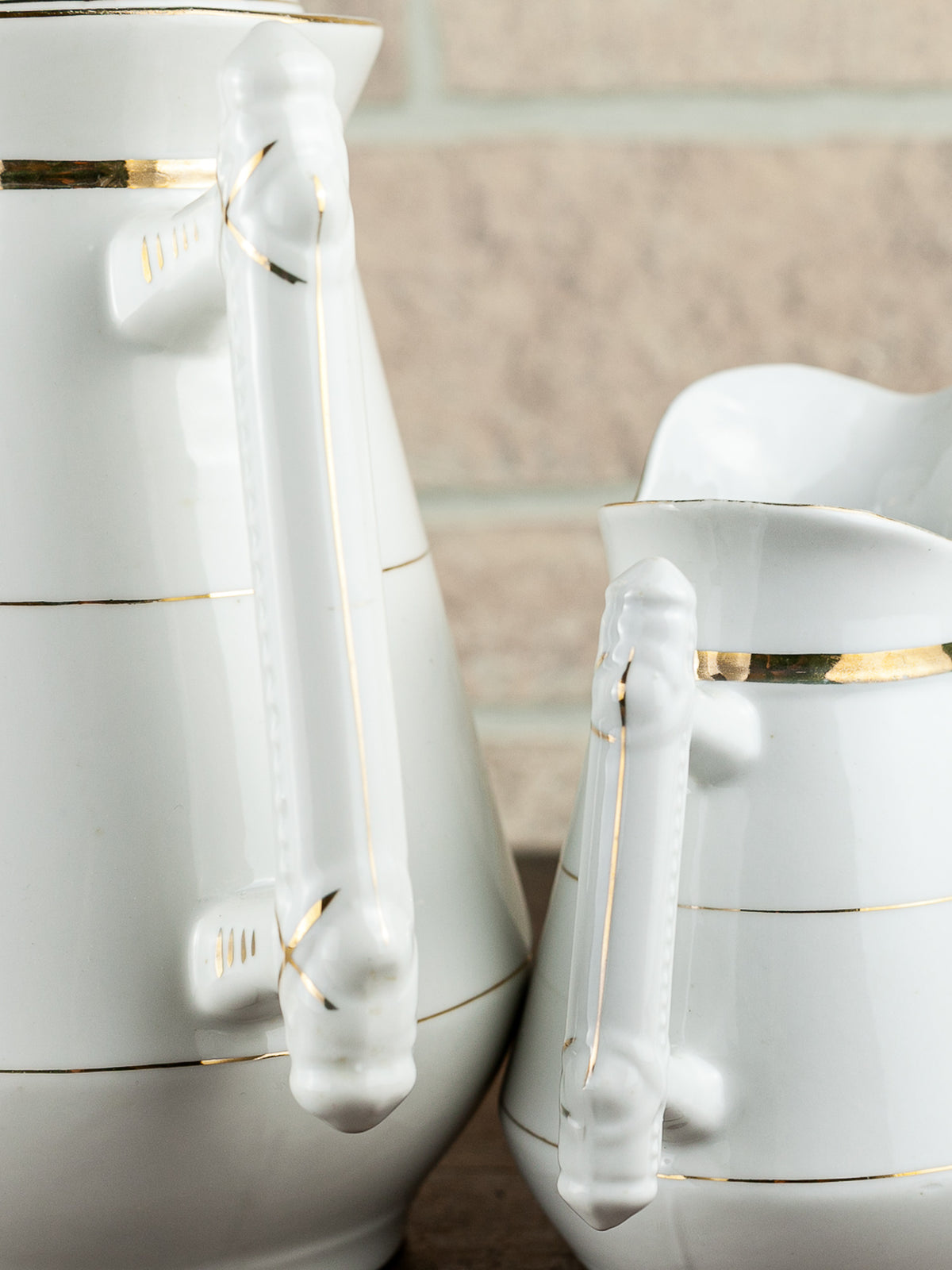 Victorian White Ironstone Coffee Pot & Creamer with Gold Trim, circa 1900