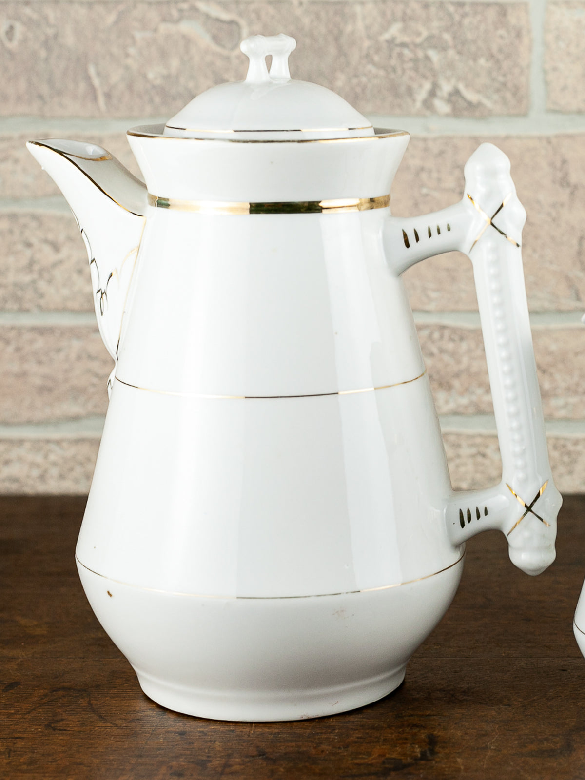 Victorian White Ironstone Coffee Pot & Creamer with Gold Trim, circa 1900