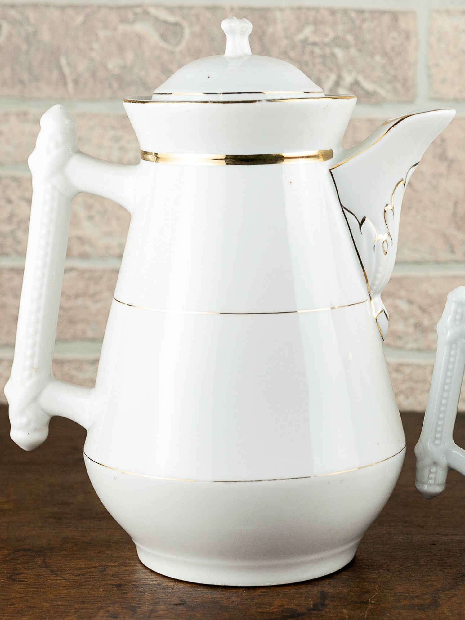 Victorian White Ironstone Coffee Pot & Creamer with Gold Trim, circa 1900