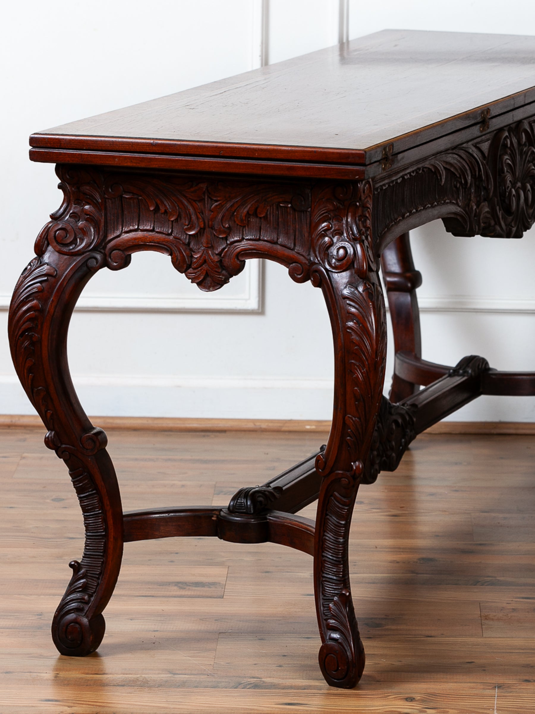 Carved Fold-Over Console Table with Hidden Drawer