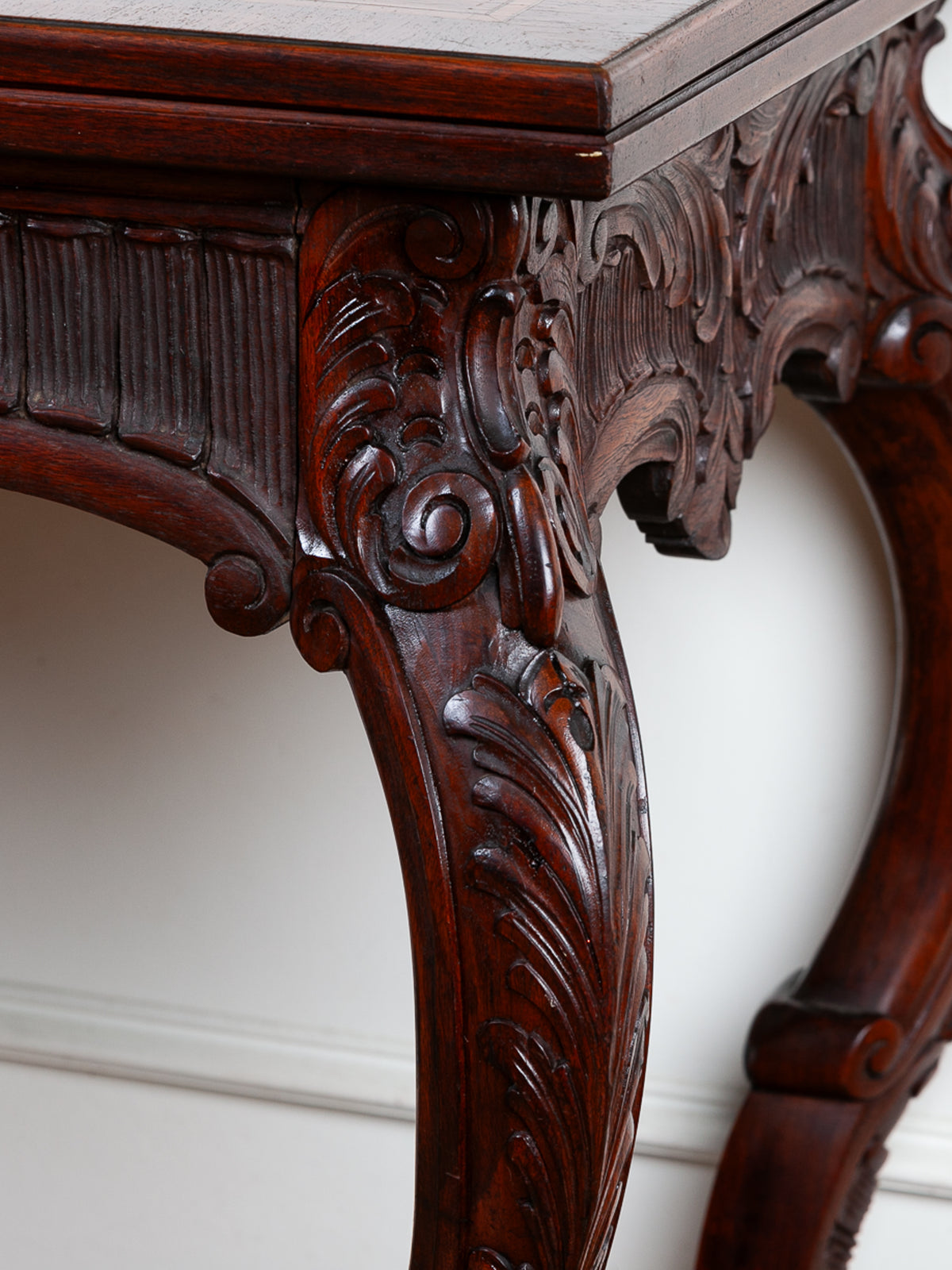 Carved Fold-Over Console Table with Hidden Drawer