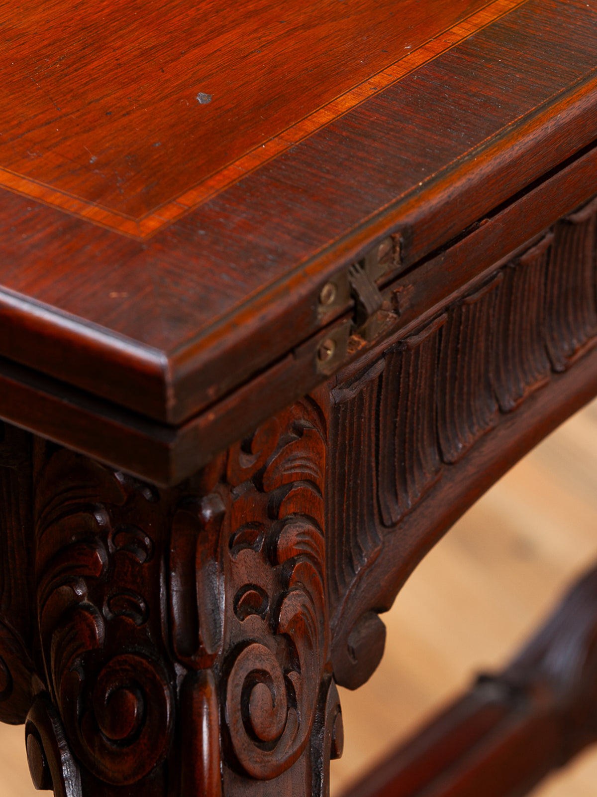Carved Fold-Over Console Table with Hidden Drawer
