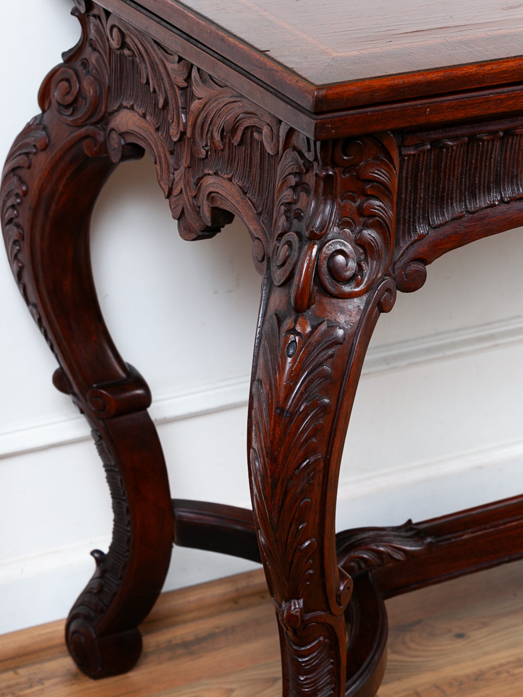 Carved Fold-Over Console Table with Hidden Drawer