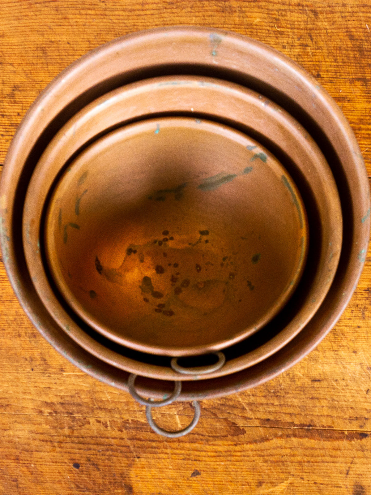 Set of Three Antique Copper Nesting Mixing Bowls