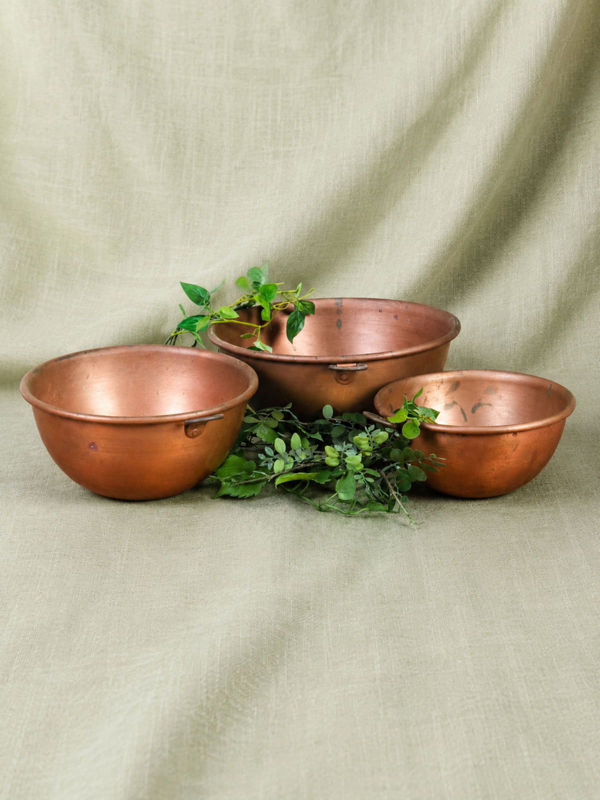 Set of Three Antique Copper Nesting Mixing Bowls