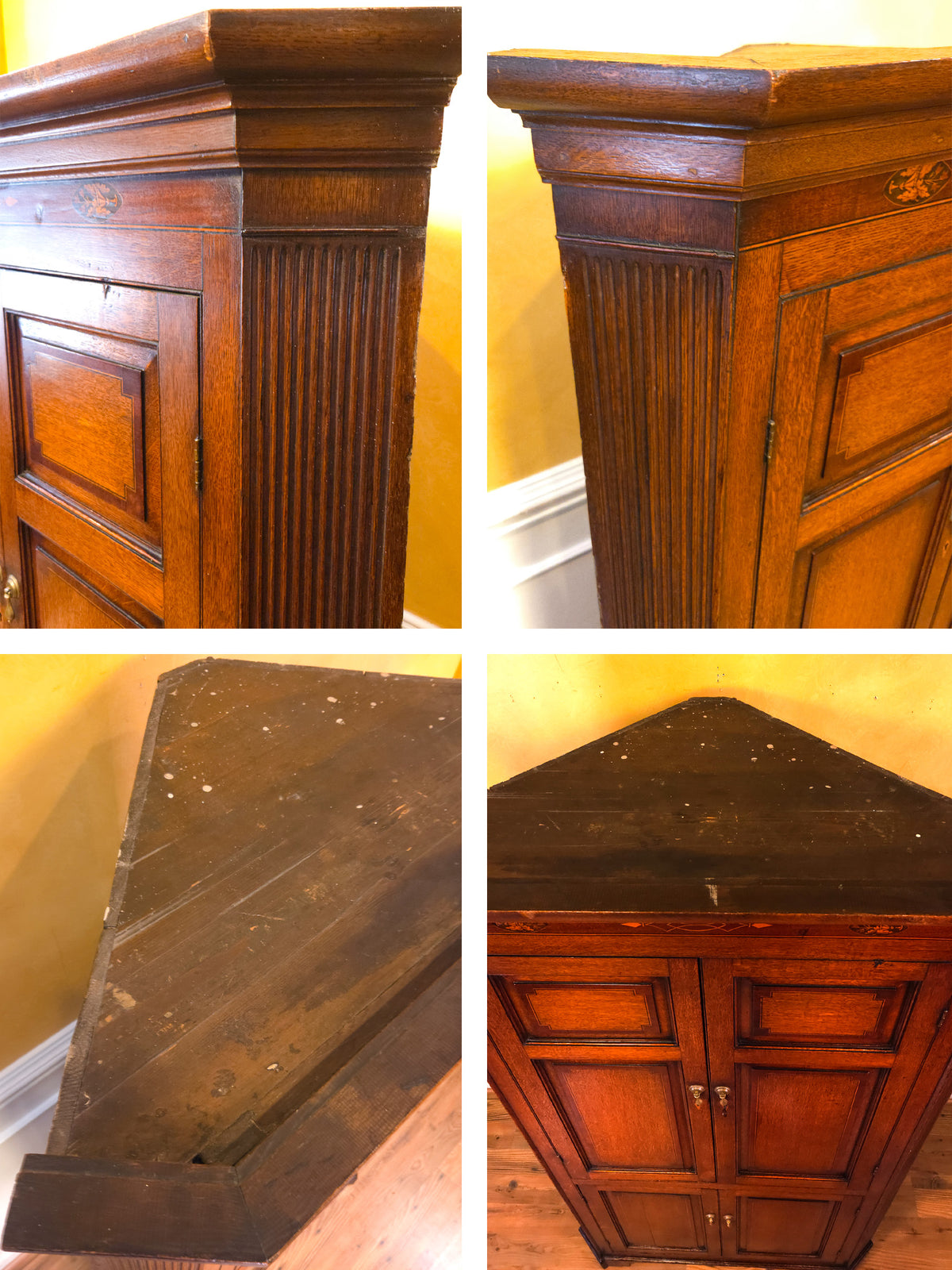 Antique English Georgian Oak Corner Cabinet Circa 1800 with Marquetry Inlay & Mahogany Crossbanding