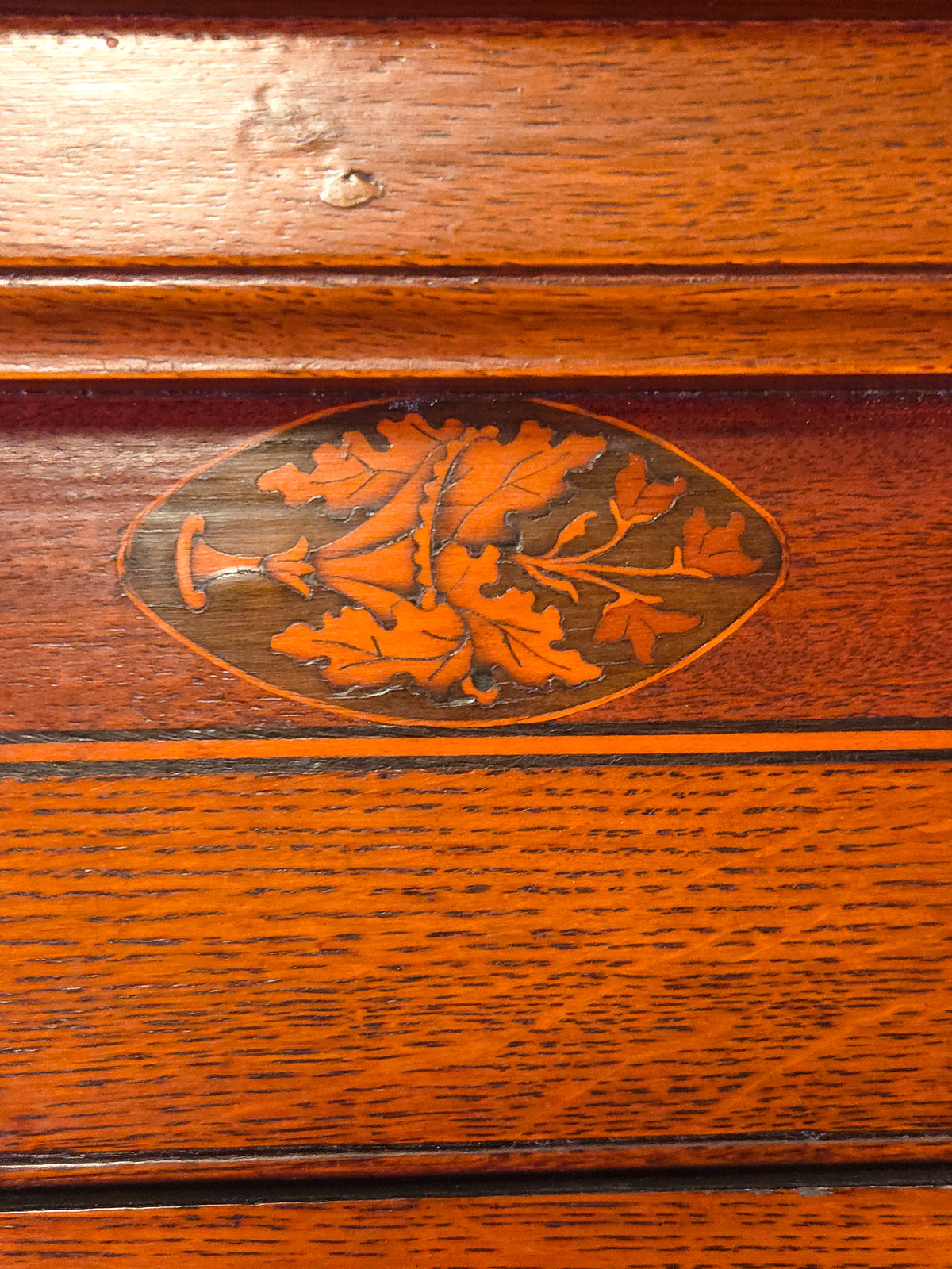 Antique English Georgian Oak Corner Cabinet Circa 1800 with Marquetry Inlay & Mahogany Crossbanding
