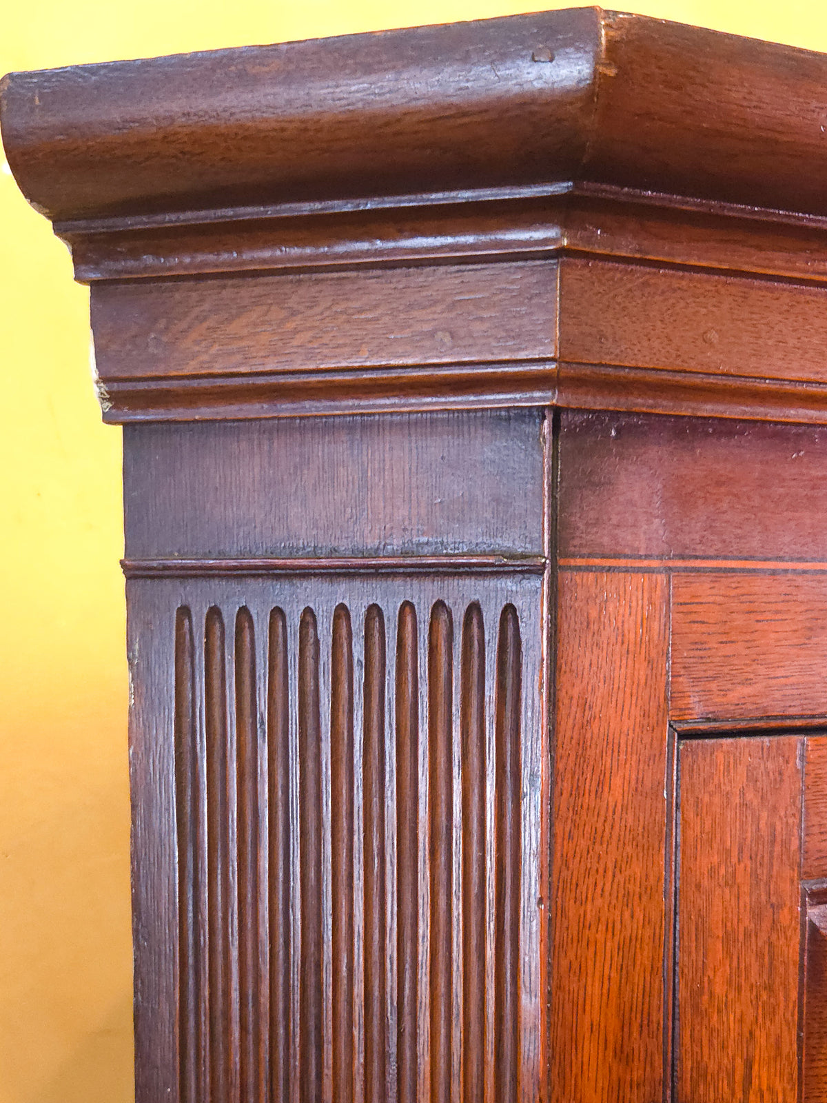 Antique English Georgian Oak Corner Cabinet Circa 1800 with Marquetry Inlay & Mahogany Crossbanding