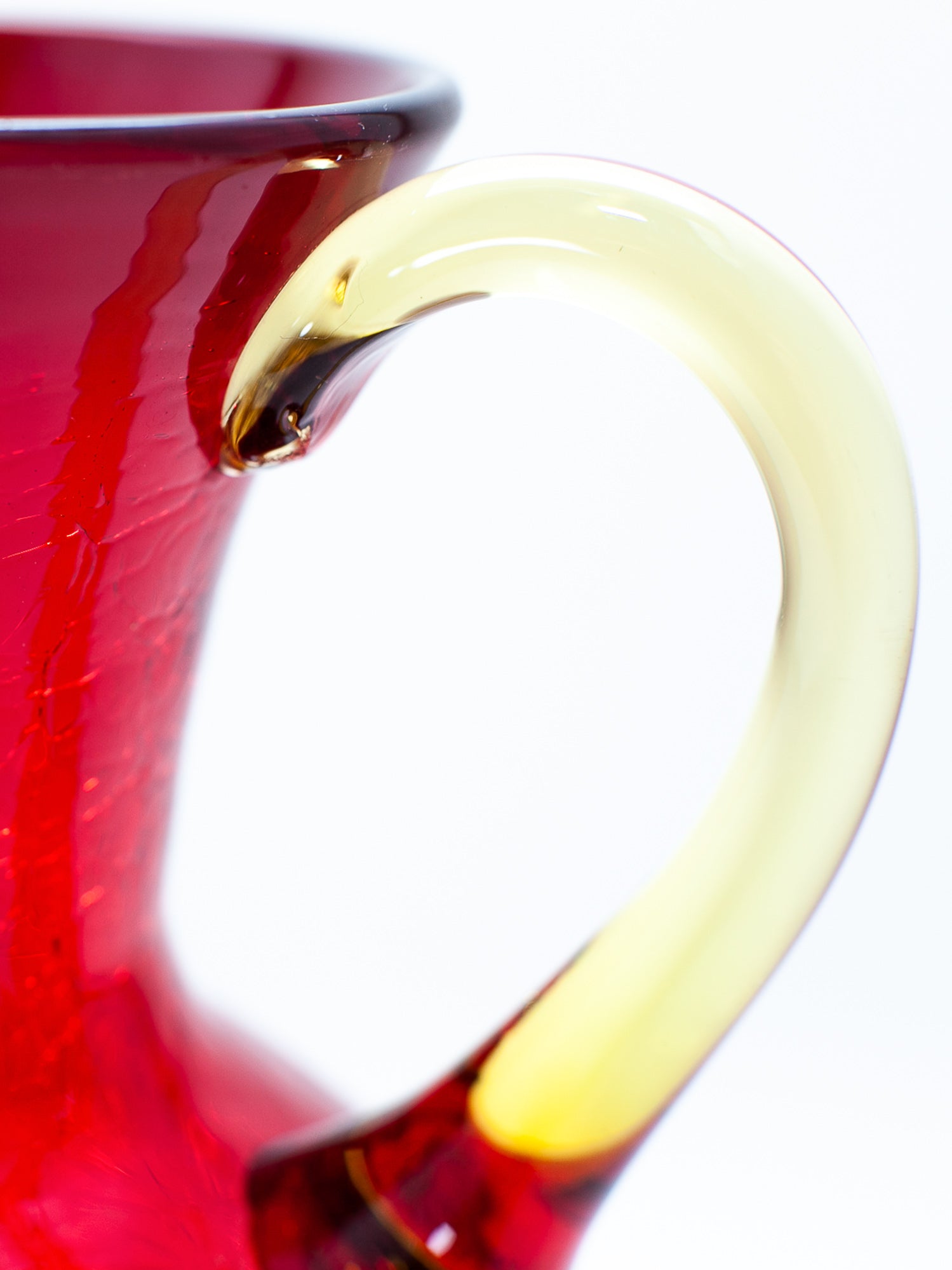 Vintage Cranberry Red Crackle Glass Pitcher with Amber Handle