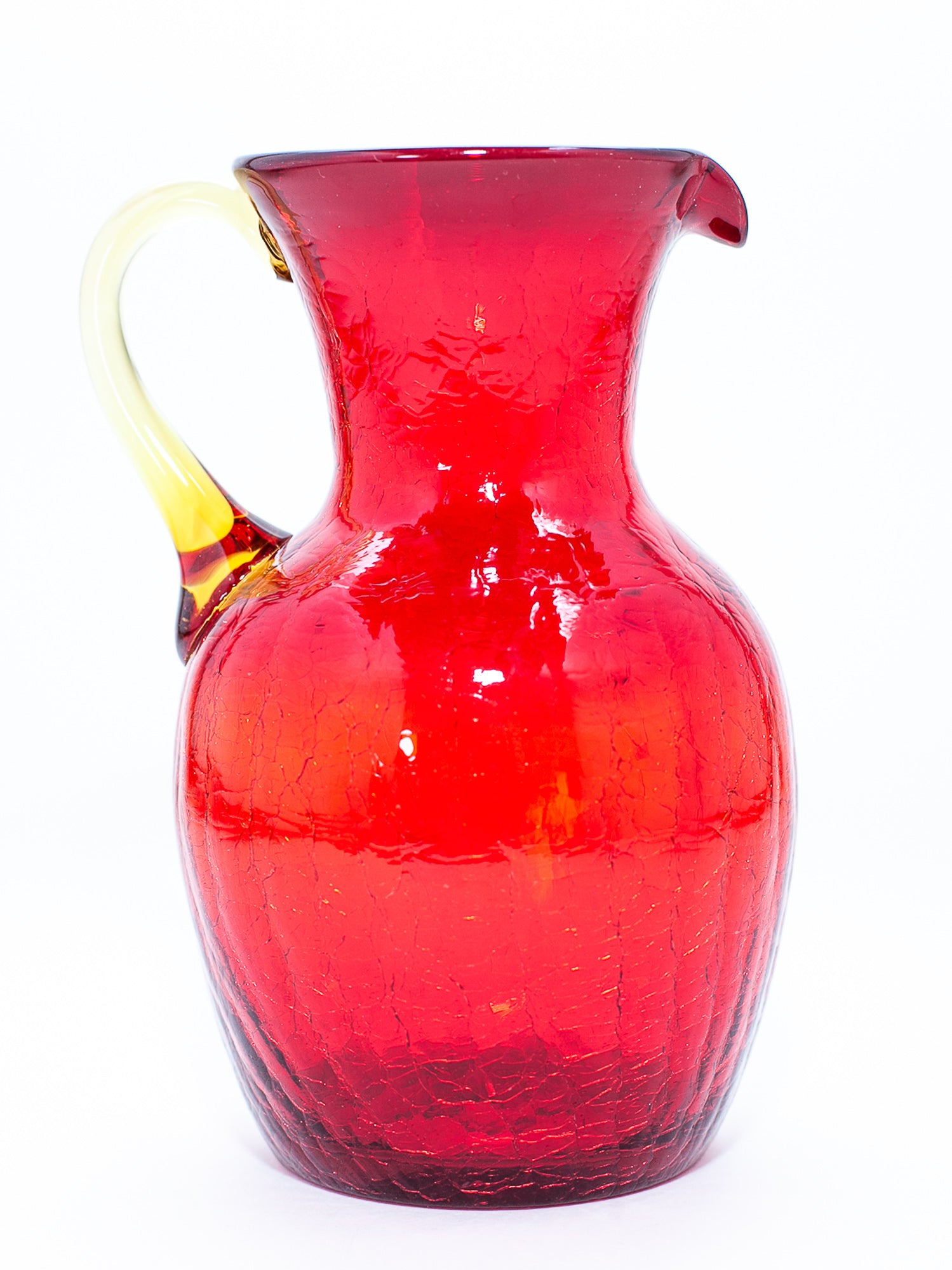 Vintage Cranberry Red Crackle Glass Pitcher with Amber Handle