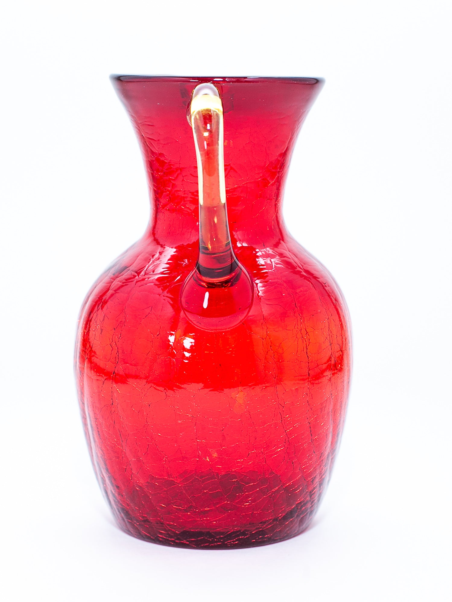 Vintage Cranberry Red Crackle Glass Pitcher with Amber Handle