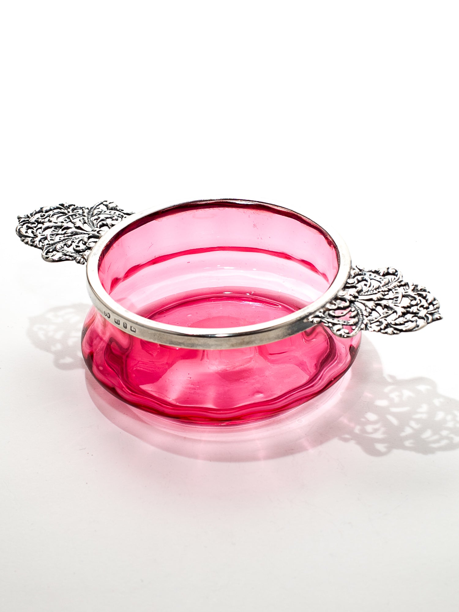 Antique Victorian Cranberry Glass & Sterling Silver Bowl by J. Wilmot, 1899