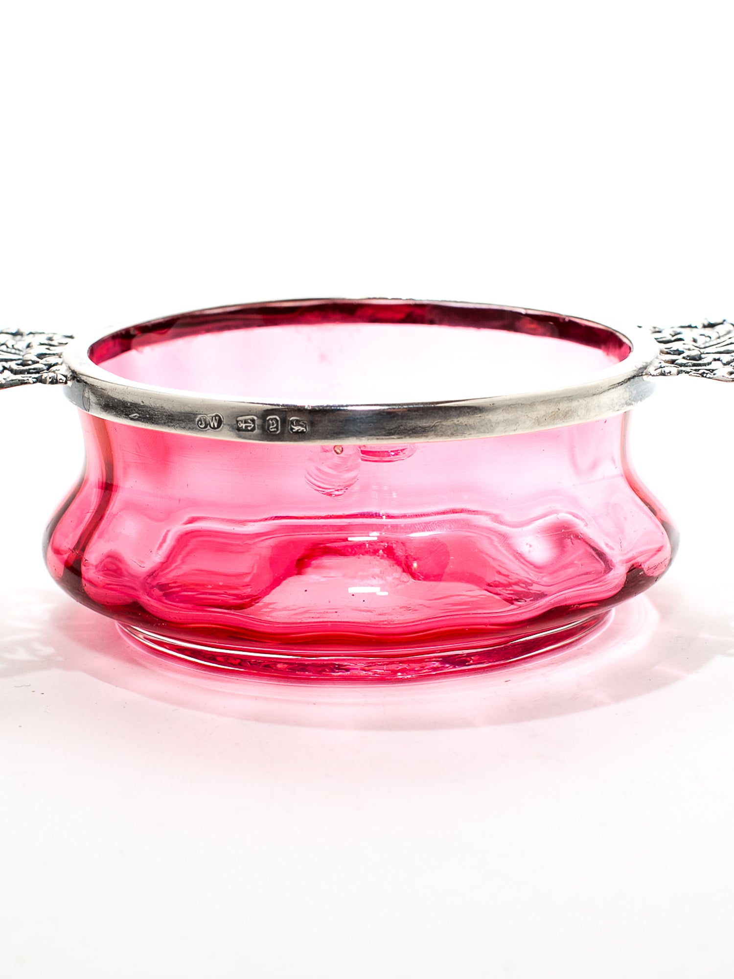 Antique Victorian Cranberry Glass & Sterling Silver Bowl by J. Wilmot, 1899