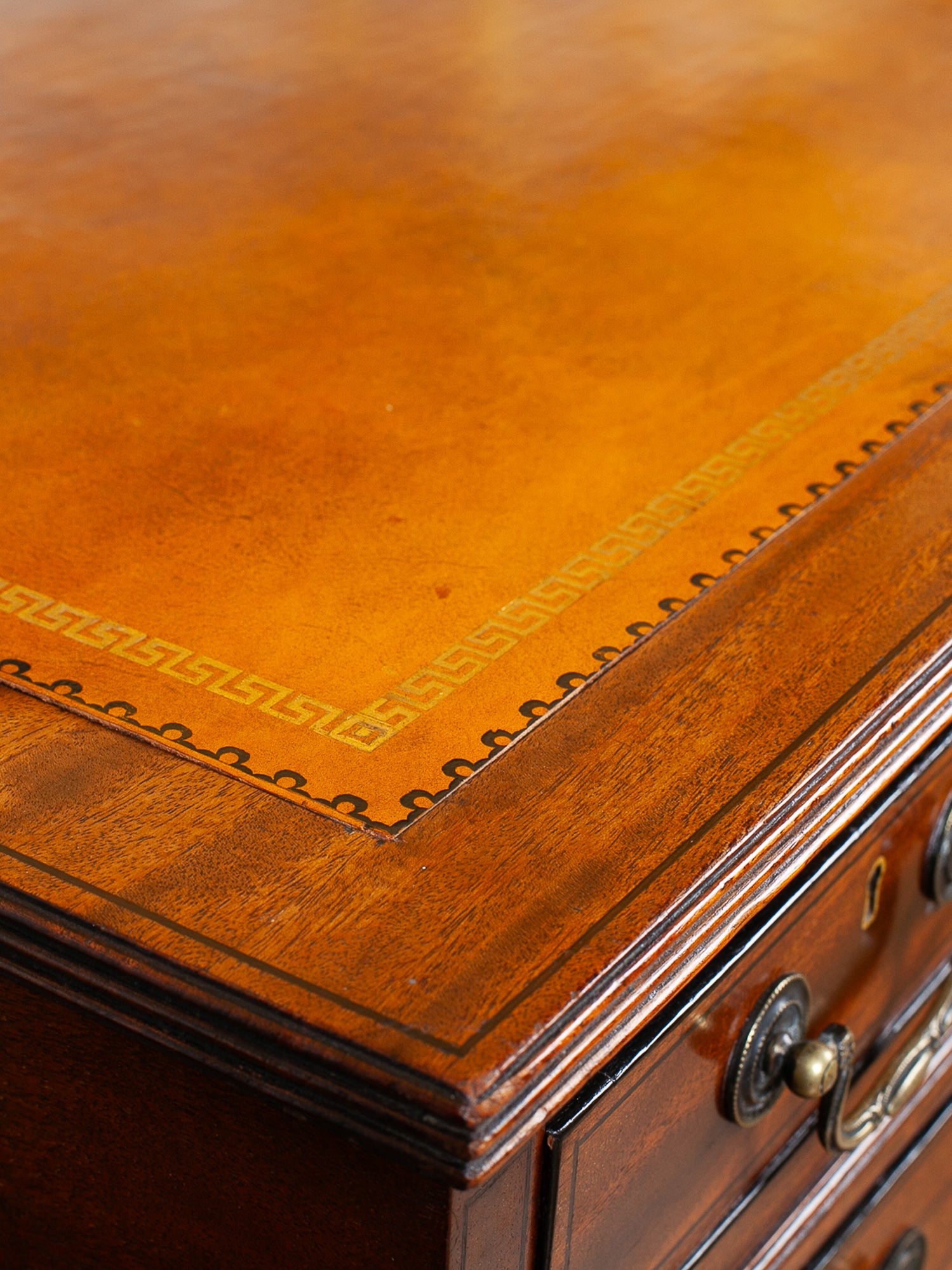 19th Century Mahogany Kneehole Desk with Leather Top & Brass Gallery
