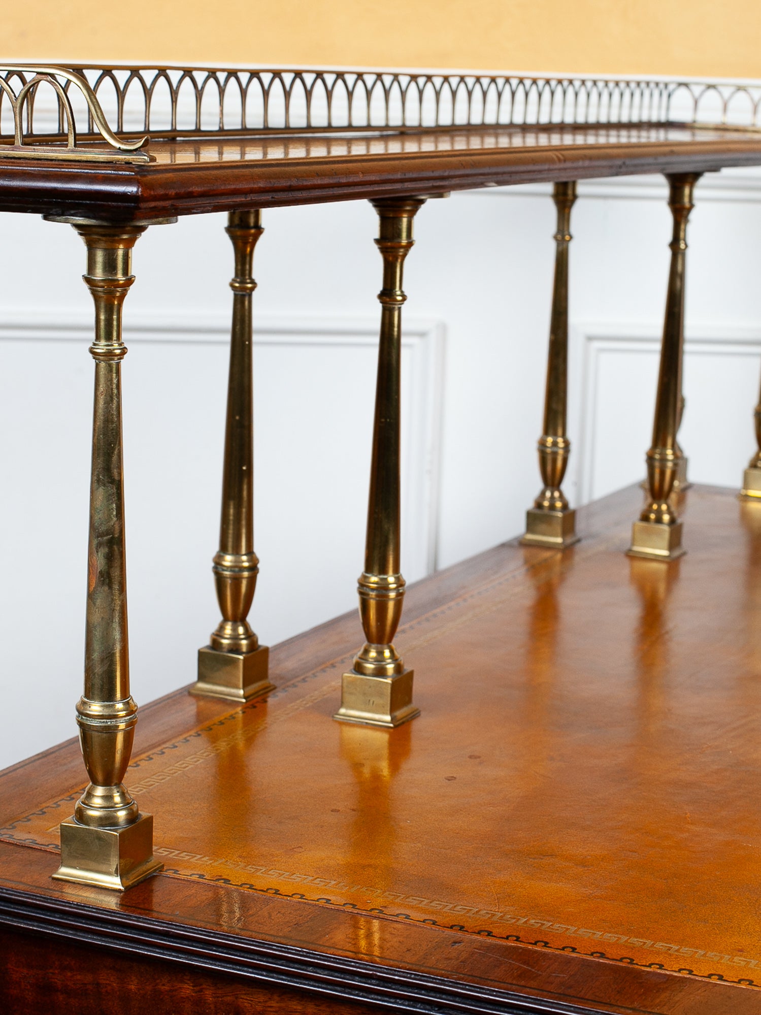 19th Century Mahogany Kneehole Desk with Leather Top & Brass Gallery