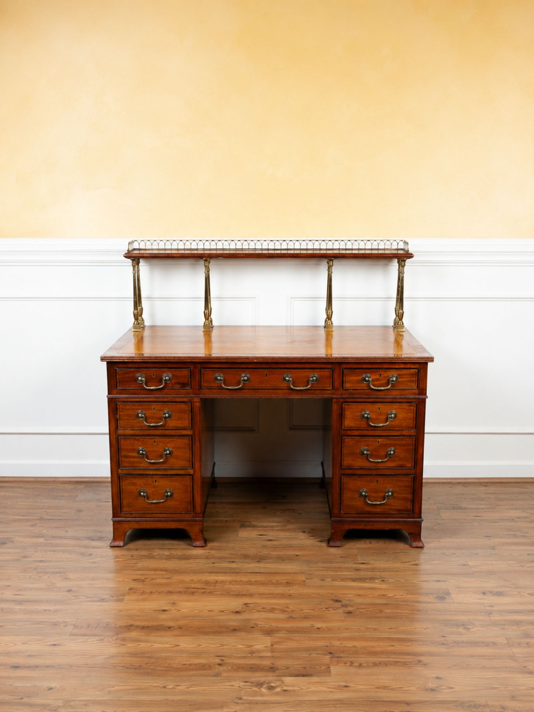 19th Century Mahogany Kneehole Desk with Leather Top & Brass Gallery