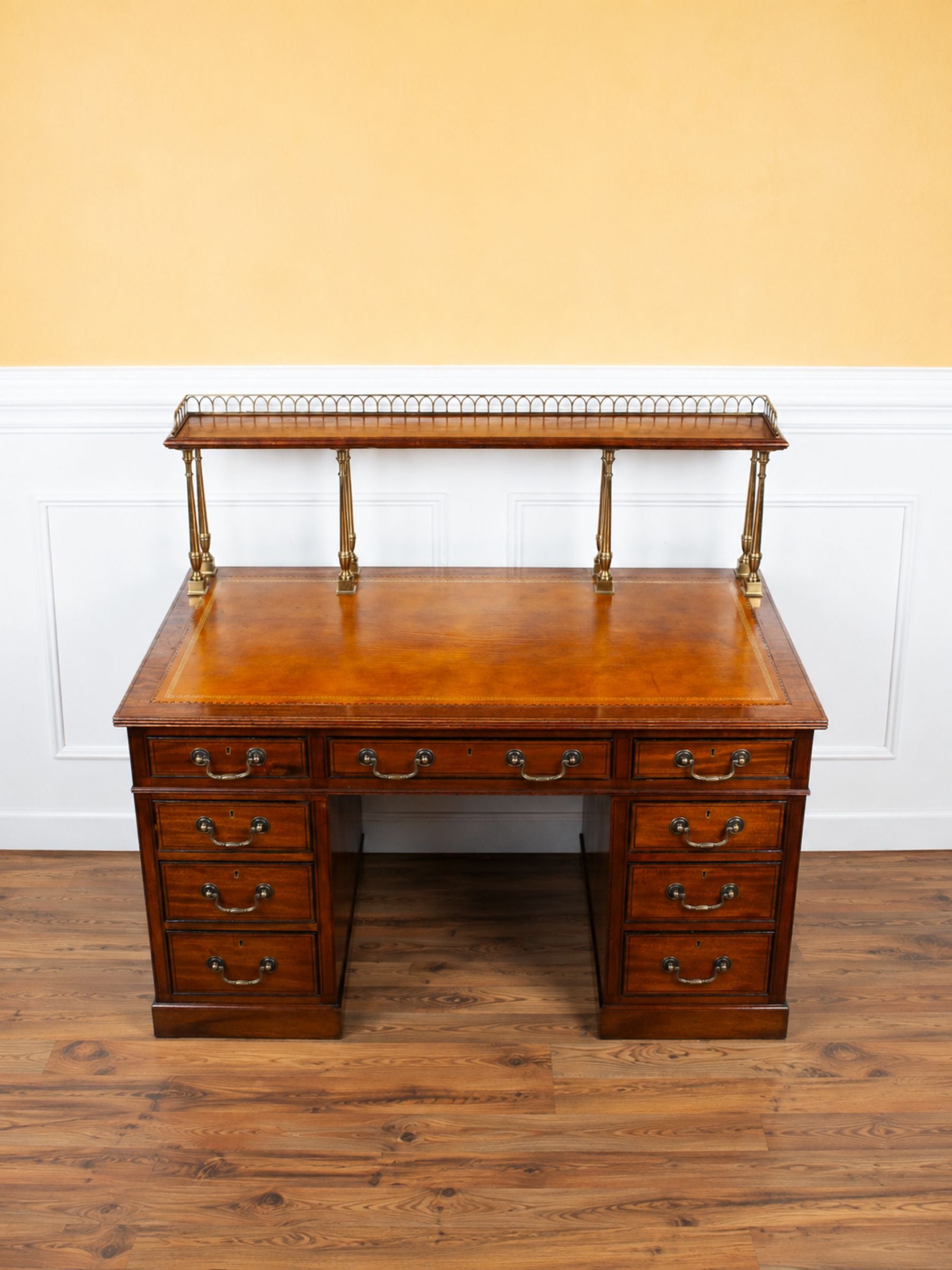 19th Century Mahogany Kneehole Desk with Leather Top & Brass Gallery