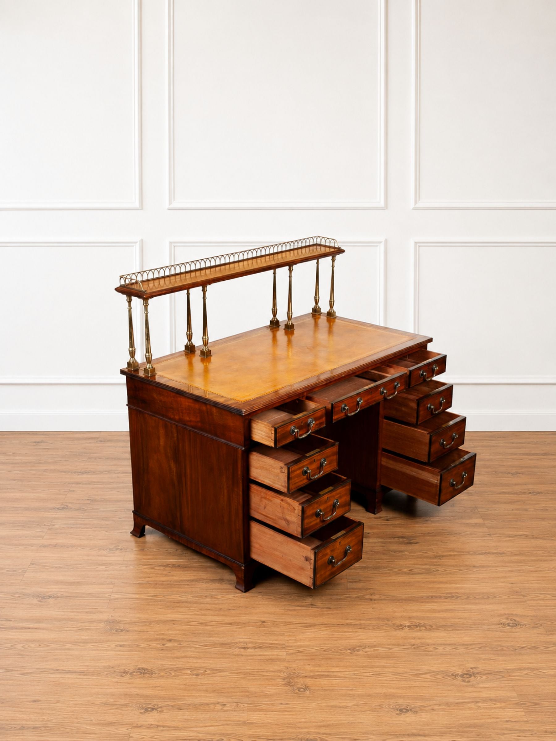 19th Century Mahogany Kneehole Desk with Leather Top & Brass Gallery